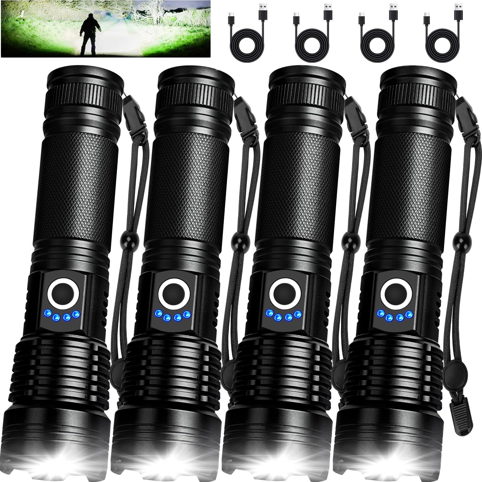 Mixilin Black 4 Pack Rechargeable Led Flashlights High Lumens, Adjustable 5 Modes Powerful Flash Light With Usb Cable, Waterproof Handheld Flashlight For Home Camping Emergencies