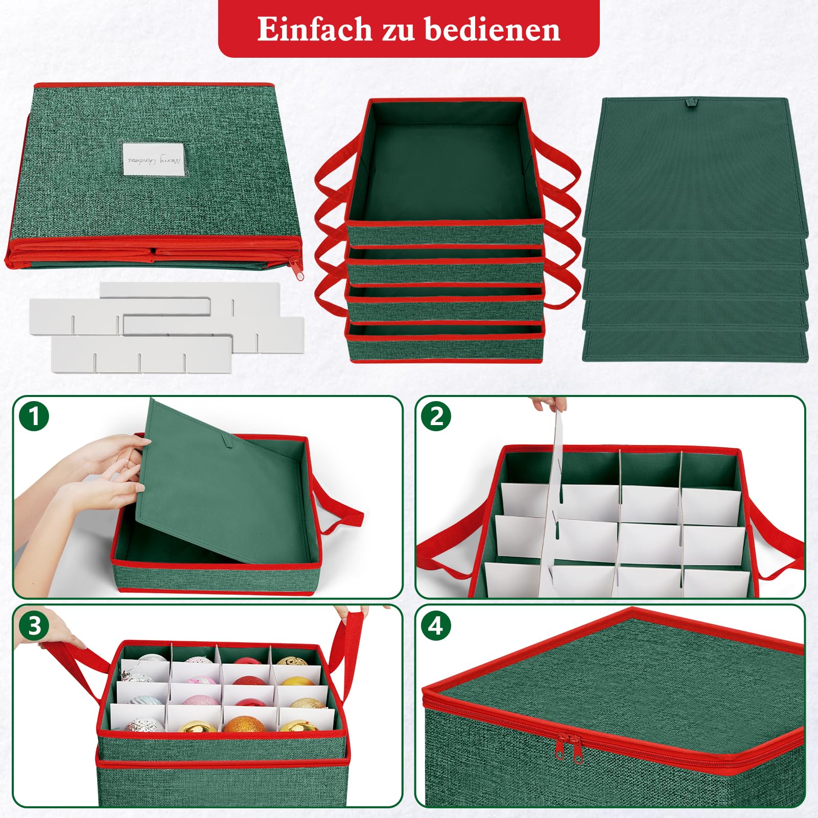 Weihnachtskugeln Aufbewahrung, Aufbewahrungsbox 64 Fächer | Aufbewahrungsboxen mit Deckel, Boxen Aufbewahrung mit 4 Ebenen, abnehmbare Griffe & Unterteiler (31,5x31,5x34 cm) - Grün Rot