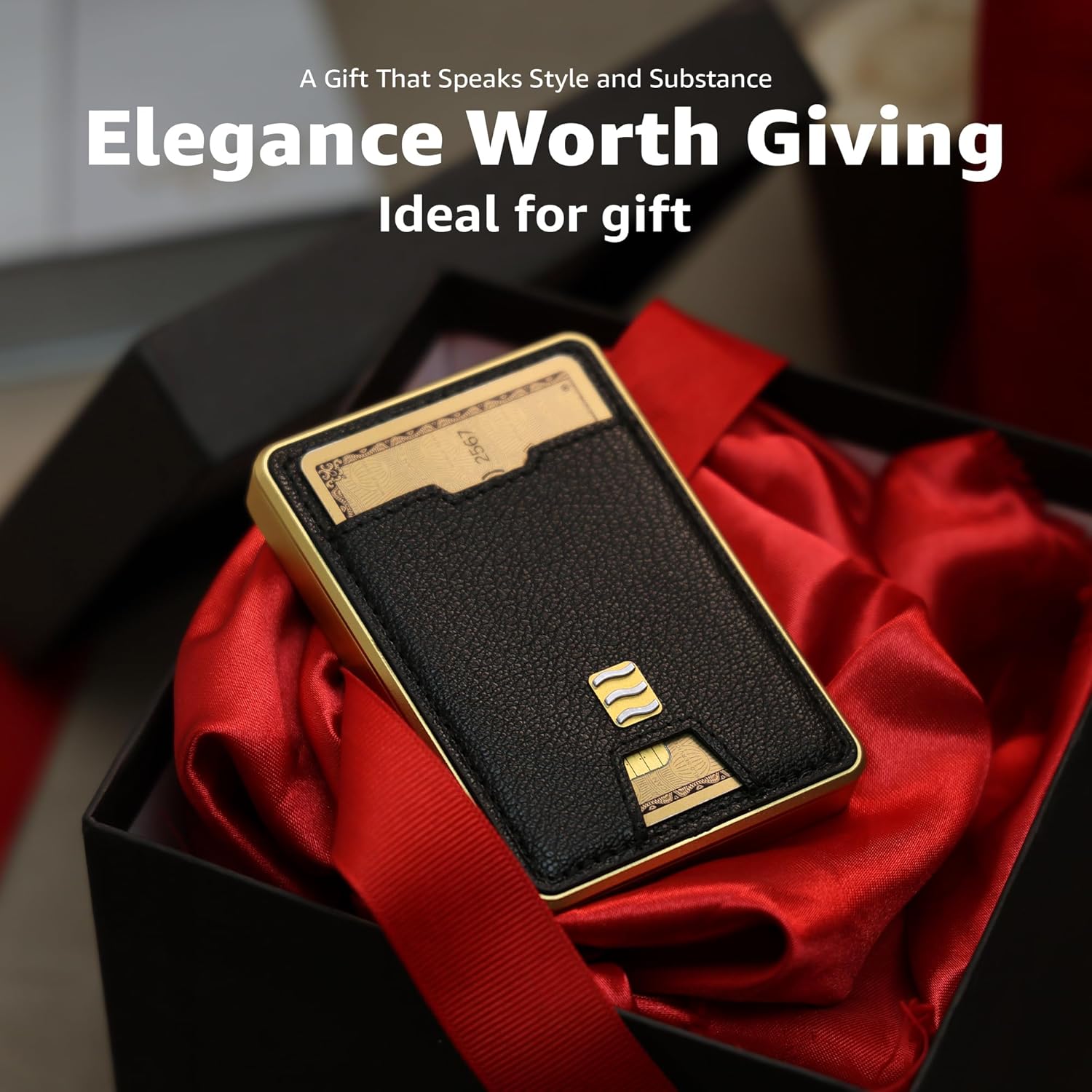 VENICE RFID Blocking Wallet, Minimalist Card Holder with Quick Access, Vegan Leather & Brushed Aluminum, Gift-Ready Packaging (Black & Gold)