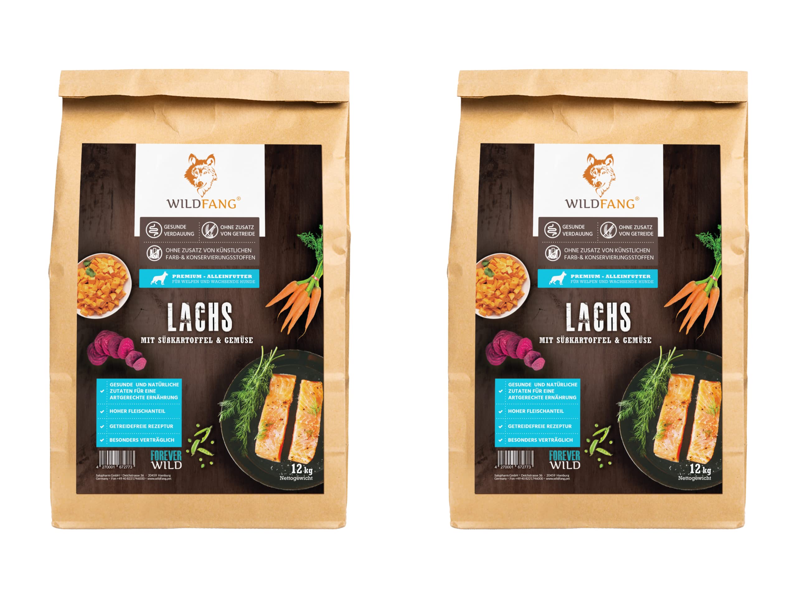 Wildfang® Croquettes Sèches pour Chiens 2kg – Croquettes Sèches Premium au Saumon, sans Céréales & sans Gluten, avec Ingrédients Naturels, sans Sucre Ajouté, Nourriture pour Chiots – Pack de 2