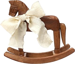 Wooden Horse, Rocking Horse Decor, Vintage Statue with Ribbon for Cake Topper, Desk Centerpiece, Unique Decorative Collectible Figurine Ornament for Table Decoration Holiday Season Housewarming Gift
