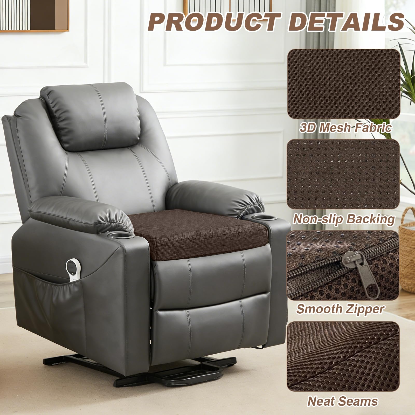 Cuscino rialzo in Memory Foam con Copertura Lavabile, 51x51x12.5 cm Supporto Ergonomico per Poltrone, Divani e Sedie Reclinabili, Ideale per Anziani e Adulti (Caffè)