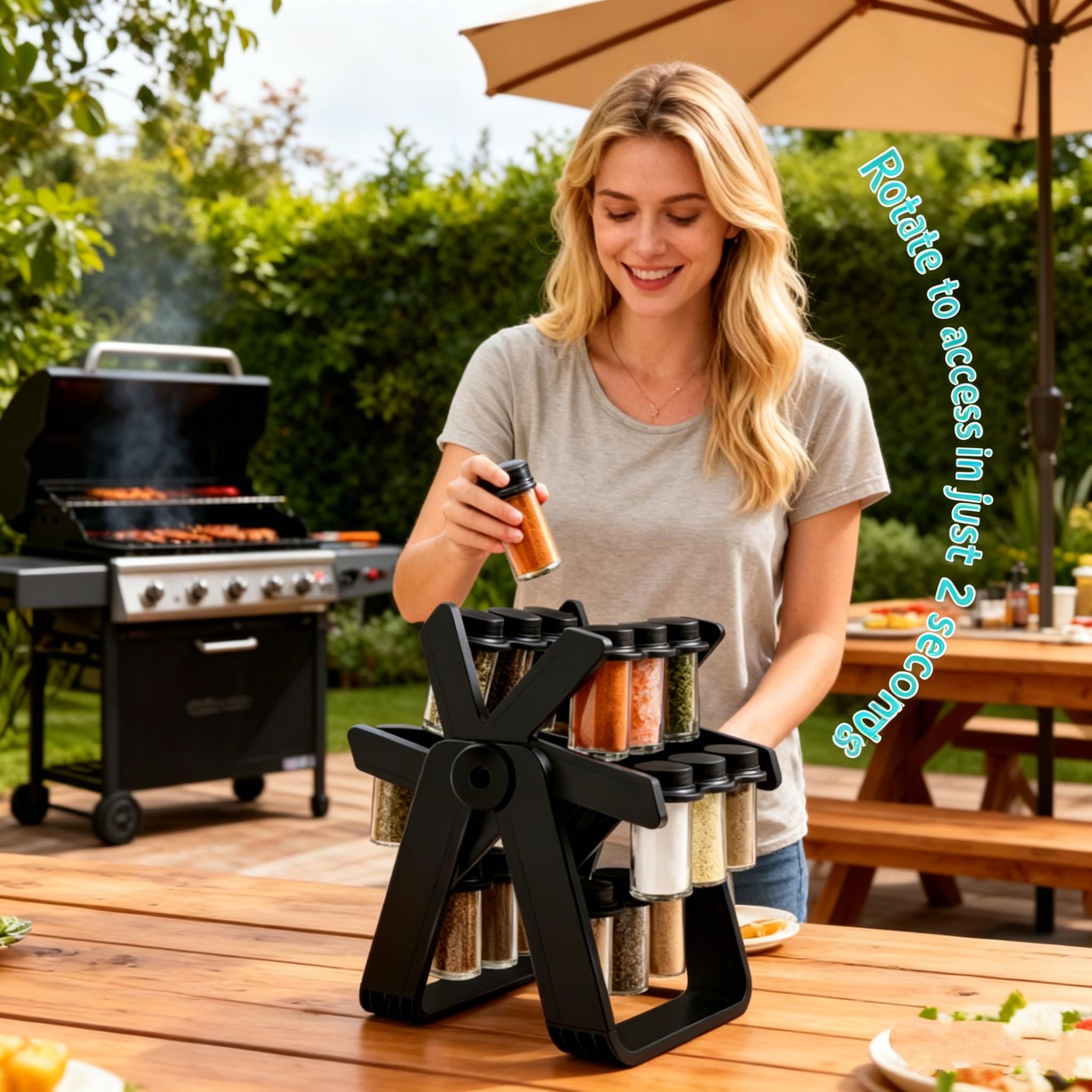 Carrusel de especias giratorio 360° con 21 tarros de especias negros, estante para especias con tarros y organizador de especias para tu cocina, set B (botella de plástico)