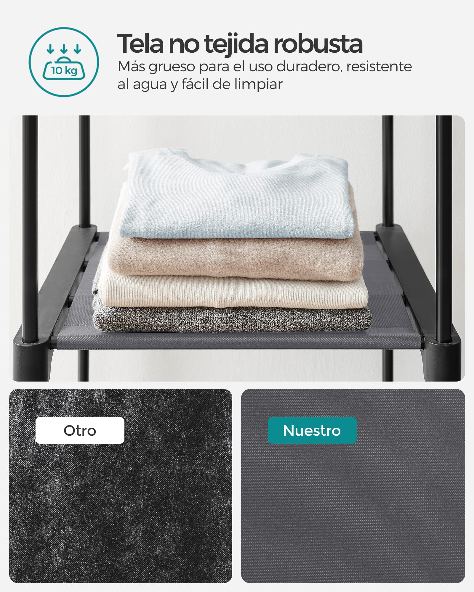 SONGMICS Armario de Tela, Armario Portátil con Barras para Colgar, Perchero, Plegable, Guardarropa, para Dormitorio, Estudio, 140 x 43 x 174 cm, Gris RYG02GY