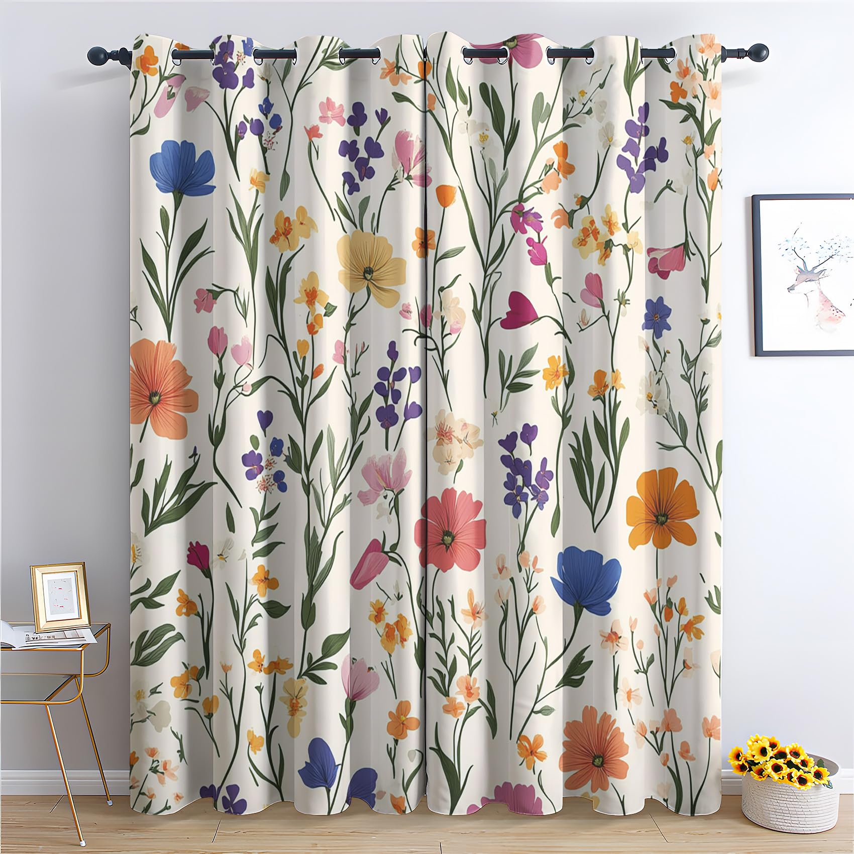 Zcwl Multicoloured Vintage Wildflower Curtains For Bedroom Living Room, Cream Floral Patterned Blackout Curtains, Thermal Insulated Eyelet Curtain, 90 Drop Window Treatments Drapes, 66X90 Inch (W X L), 2 Panels
