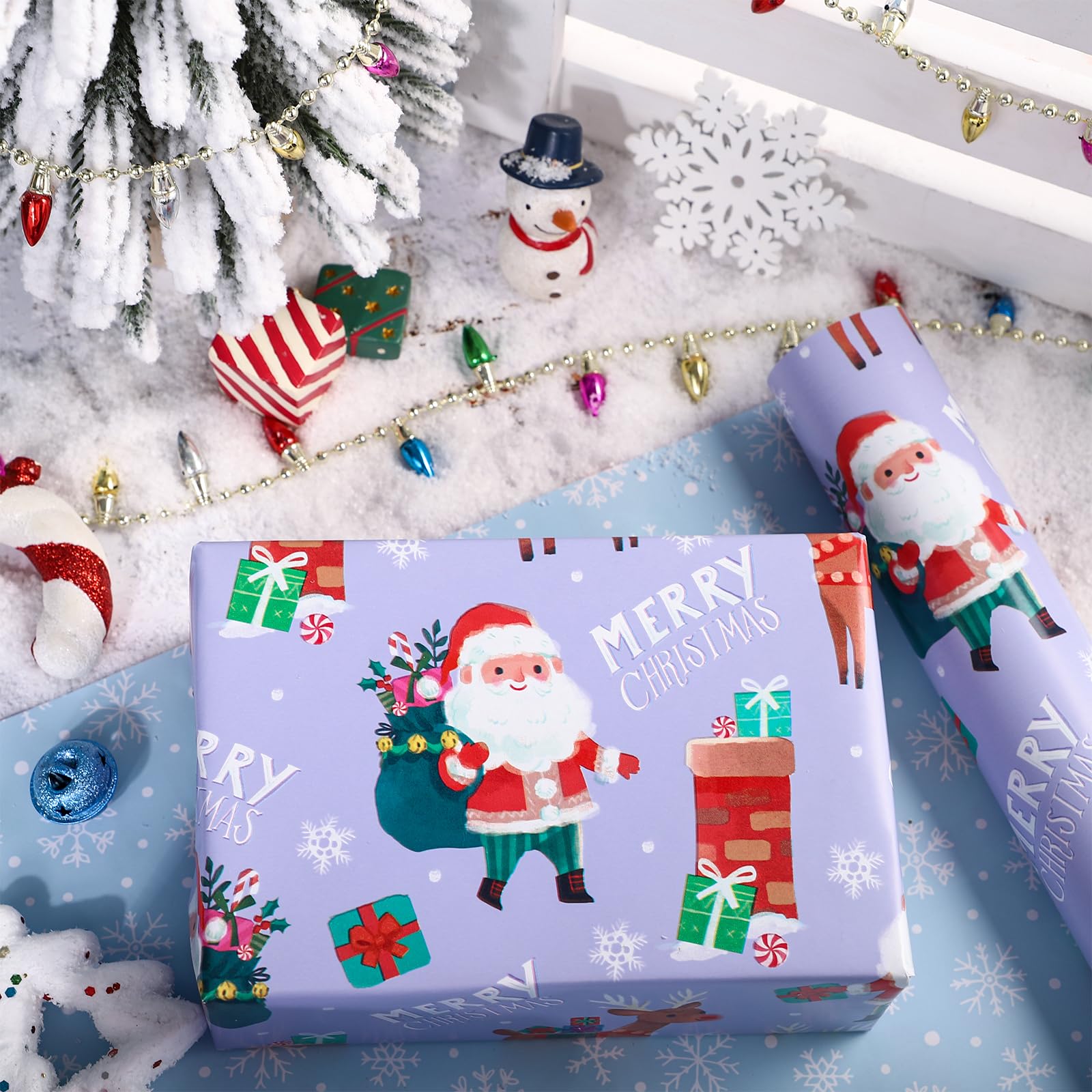 Holijolly Rotolo Di Carta Da Regalo Natalizia - Mezzo Rotolo - Alberi Di Natale/Bastoncino Di Zucchero/Fiocco Di Neve Per Carta Da Regalo - 43 X 305 Cm X 3 Rotoli (42.6 Sq.Ft.Ttl