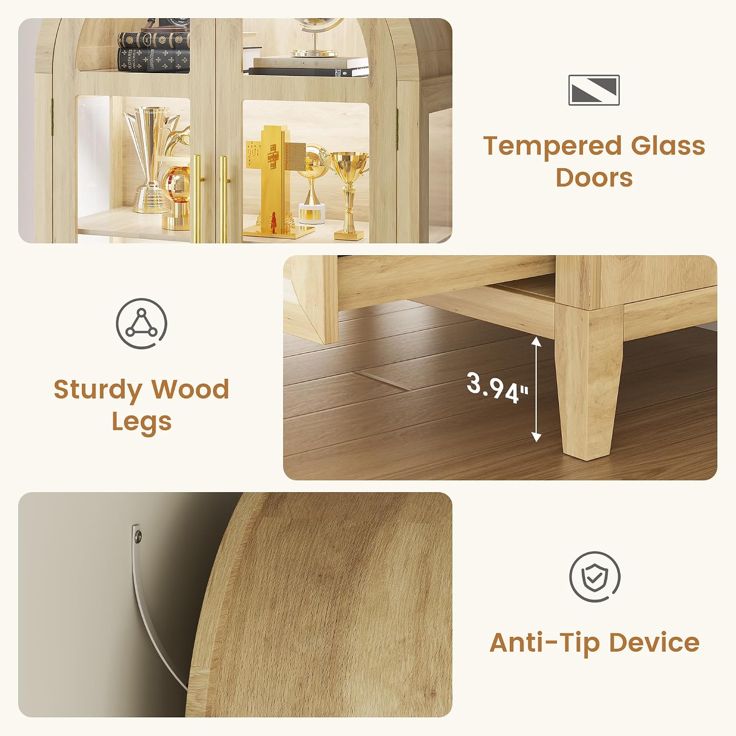 LVSOMT 71" Tall Arched Storage Cabinet with Glass Doors and Drawers, Curio Display Cabinet with Adjustable LED Light & Human Sensor, 4-Tier China Cabinet for Living Room(Wood)