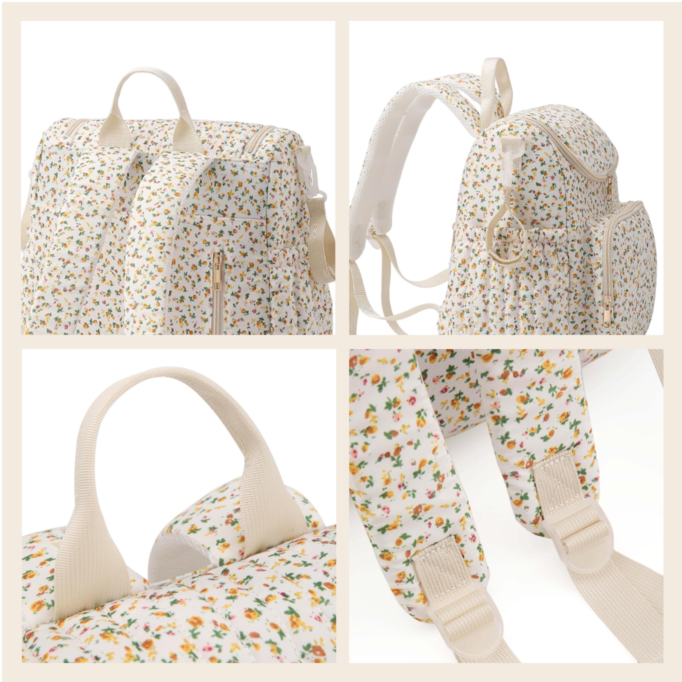 Zaino per pannolini trapuntato floreale bianco giallo, spaziosa borsa per mamma con tasche multiple