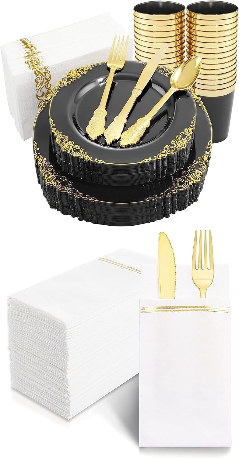Nervure 175PCS Clear Black Plastic Plates - Gold Plastic Plates Sets 100PCS White and Gold Paper Napkins - Disposable Napkins Built