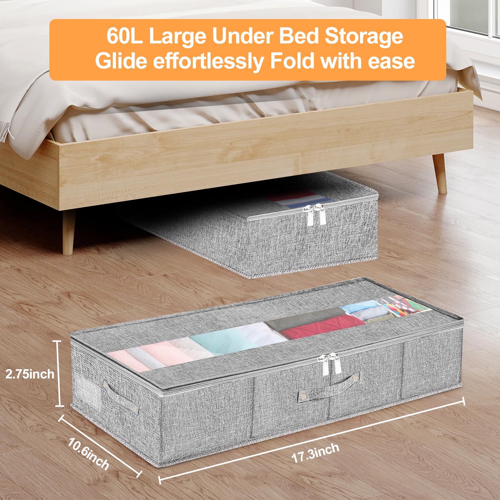 Almacenamiento debajo de la cama con ruedas, contenedores de almacenamiento rodantes debajo de la cama con tapas, organizador de zapatos debajo de la cama con gran capacidad de 60 L, cajón de