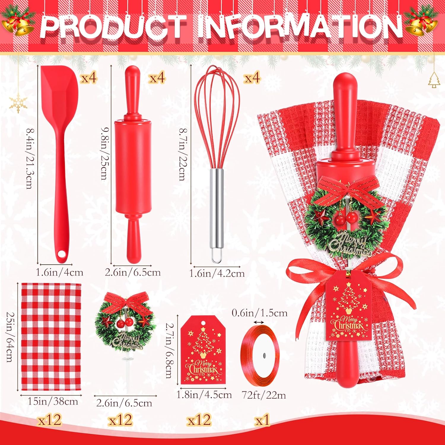 LemonRoad 12 Sets Christmas Kitchen Gifts Bulk Holiday Cooking Utensils Include Christmas Spatula Whisk Waffle Plaid Towel Xmas Wreath Rolling Pin Card Ribbon for Xmas Party Favors Stocking Stuffers