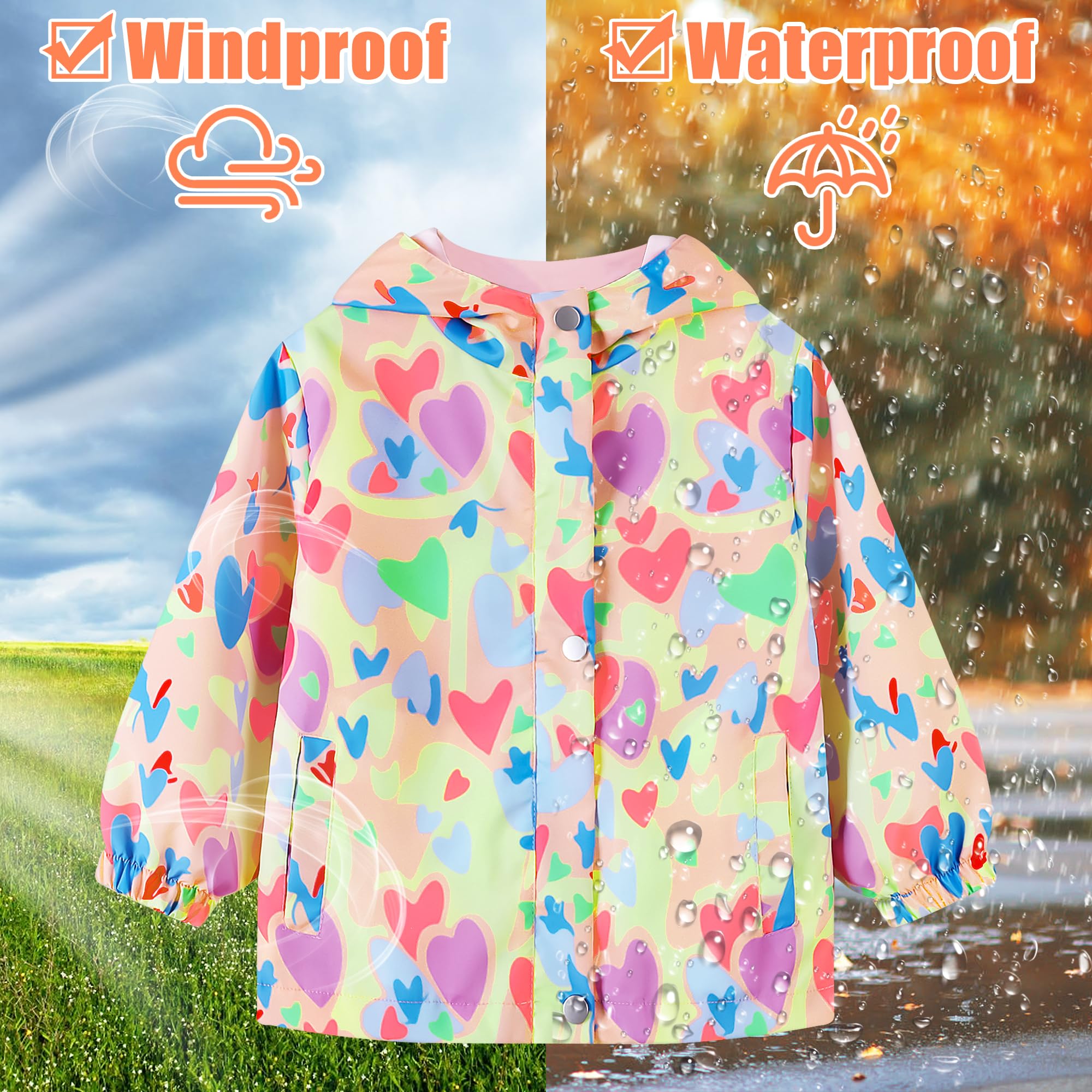 JinBei Enfant Manteaux Imperméable, Animal Imprimé Garçon Filles Veste Coupe Vent à Capuche Blouson de Pluie Léger Respirant Doublé de Doux Outwear Vêtement pour Enfants 2-10 ans