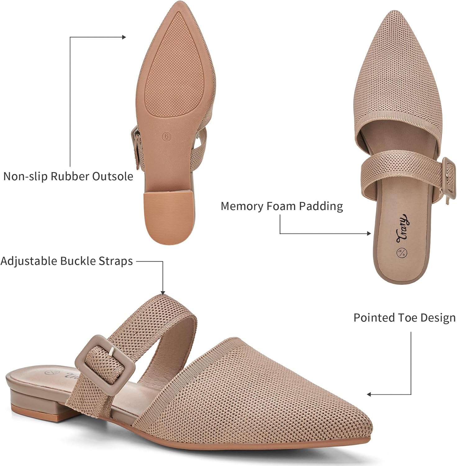 Trary Mules for Women Pointed Toe Knit Womens Flats Adjustable Strap Slip On Dressy Casual Spring Shoes Comfortable Breathable Fashion Backless Summer Loafers