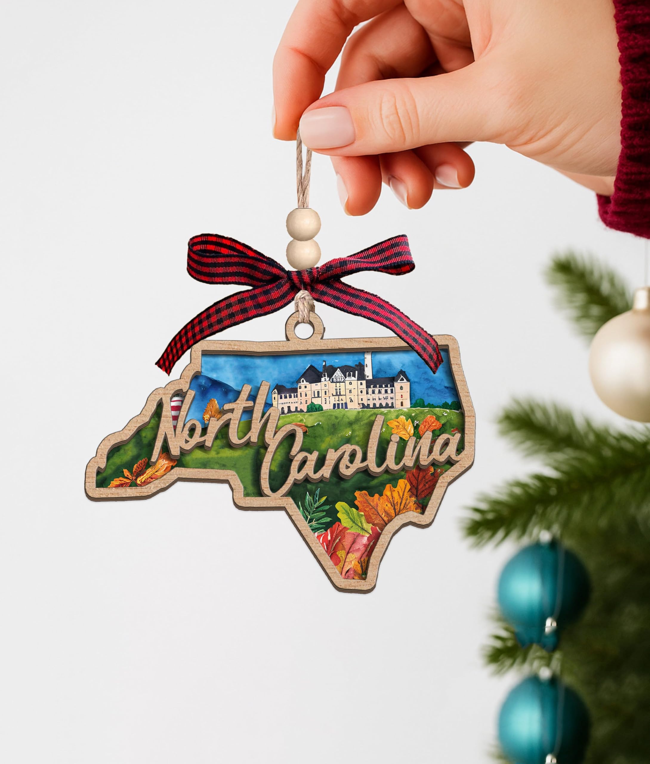 North Carolina State Christmas Wooden Ornament - 2-Layer Laser-Cut Wooden Keepsake - Rustic Holiday Decor & Ideal Travel Gift for Women Men Family & Friends - North Carolina Locals Gift