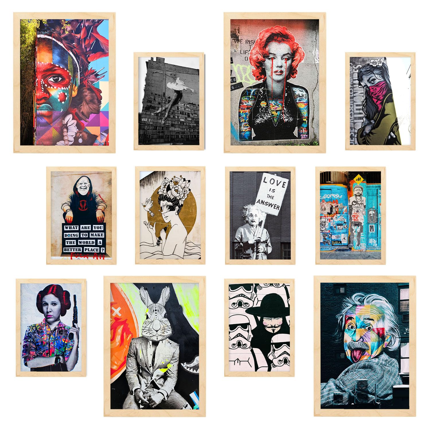 Nacnic Fusione Artistica: Set di 12-4 stampe Graffiti & Fotografia A3 e 8 stampe A4 in cornici di legno chiaro Poster d'arte per decorare le pareti.