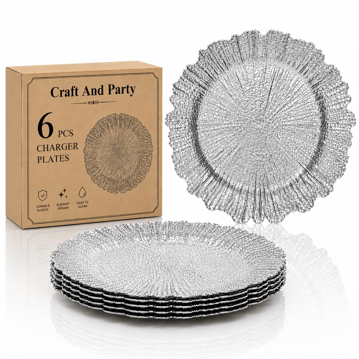 Evershine Silver Charger Plates - Set of 6 Floral Reef Design -1 Evershine Silver Charger Plates - Set of 6 Floral Reef Design -1
