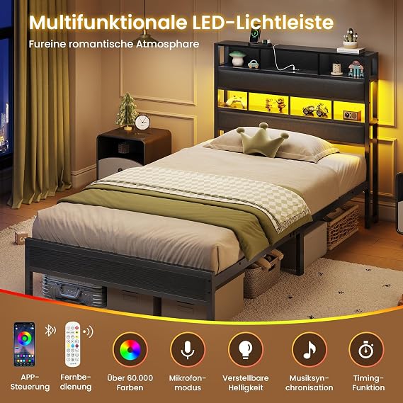 Bed 90 x 200 cm with LED Lighting and Charging Station (3 USB and 1 Type C Port) Metal Bed with Slatted Frame Bed Frame with Storage Space Headboard Made of Linen Youth Bed Single Bed Guest Bed Bed Frame (90 x 200 cm)