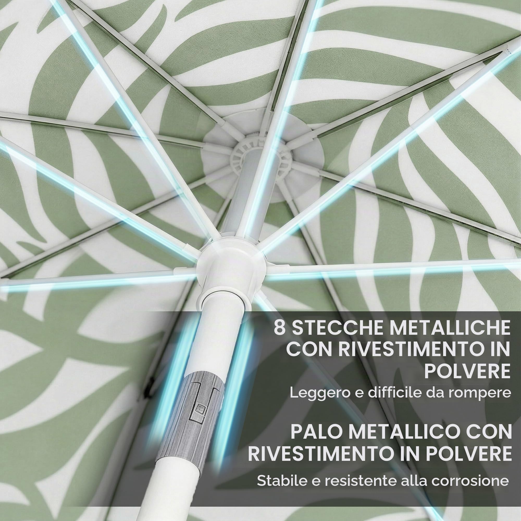 Outsunny 1.8 m Ombrellone spiaggia con ancora sabbia, portatile verde | Inclinazione 30°, Parasole frangiato, Ombra patio, Altezza regolabile, Borsa trasporto, Protezione UV, Motivo foglia