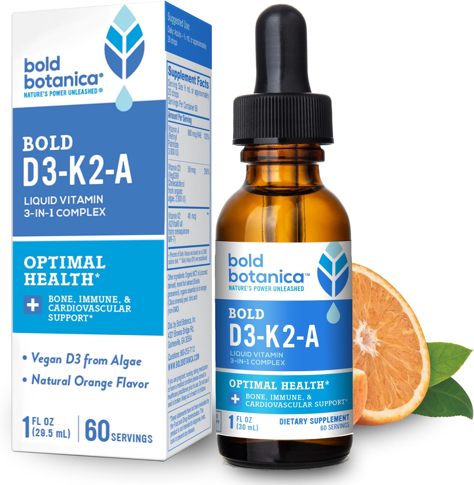 - Bold Botanica Vitamin D3-K2-A Liquid Drops for Adults and Kids – 2500 IU Vegan D3 from Algae with K2 (MK7) & A, 3-in-1 Complex for Immune, Bone & Heart Support, Orange Flavor – 1 FL OZ, 60 Servings