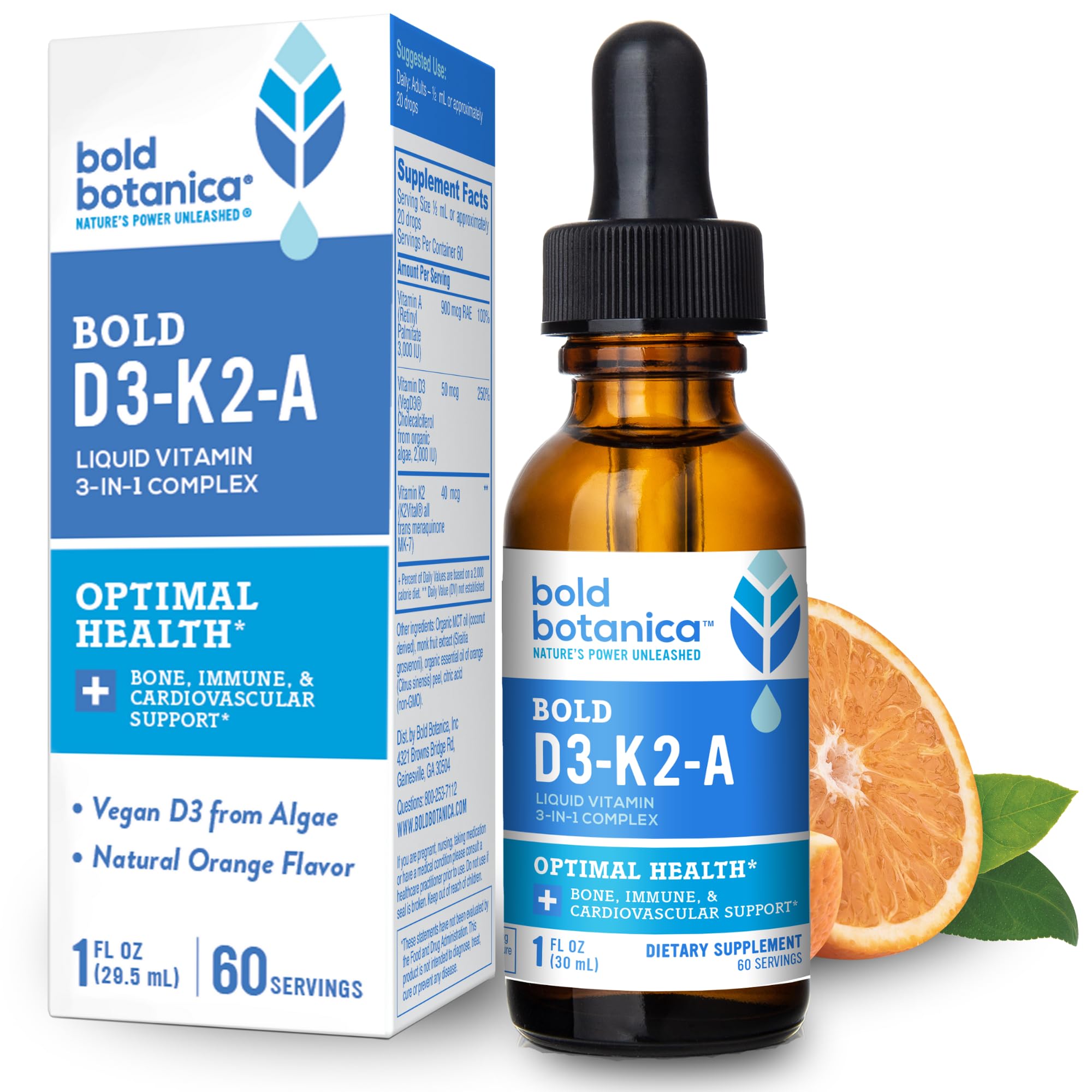 Bold Botanica D3-K2-A, Liquid Vitamin Complex, Vegan D3 from Organic Algae with Vitamin K2 (MK7) and A for Immune Support, Natural Orange Flavor, Tastes Delicious, 1 FL OZ. (30mL)