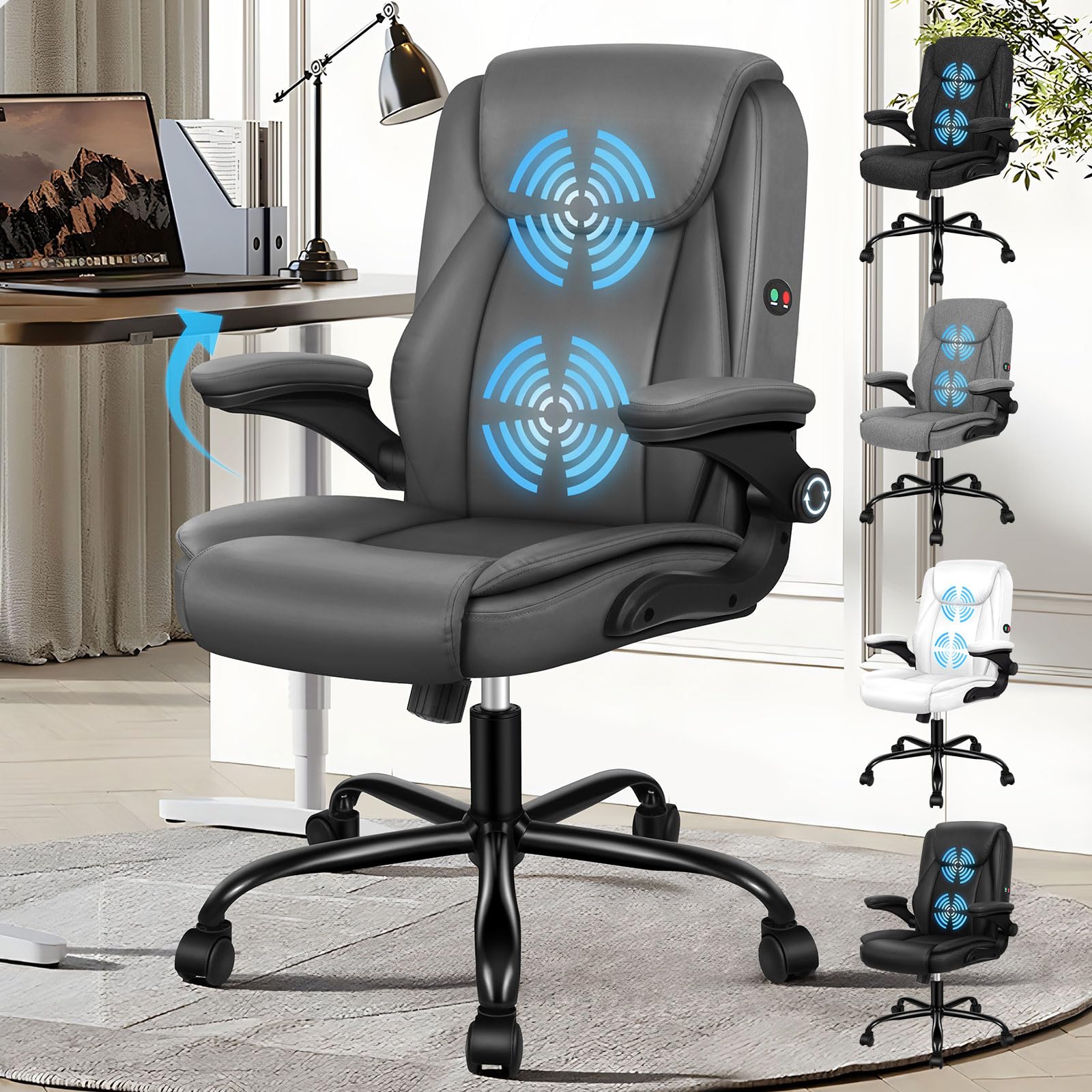 ELFORDSON Massage Home Office Chair, Mid-back Executive Work Chairs with 90° Flip-up Armrests, Adjustable Height, Swivel, Ergonomic Heavy-duty Desk Work Chair, PU Leather, Grey — image 1