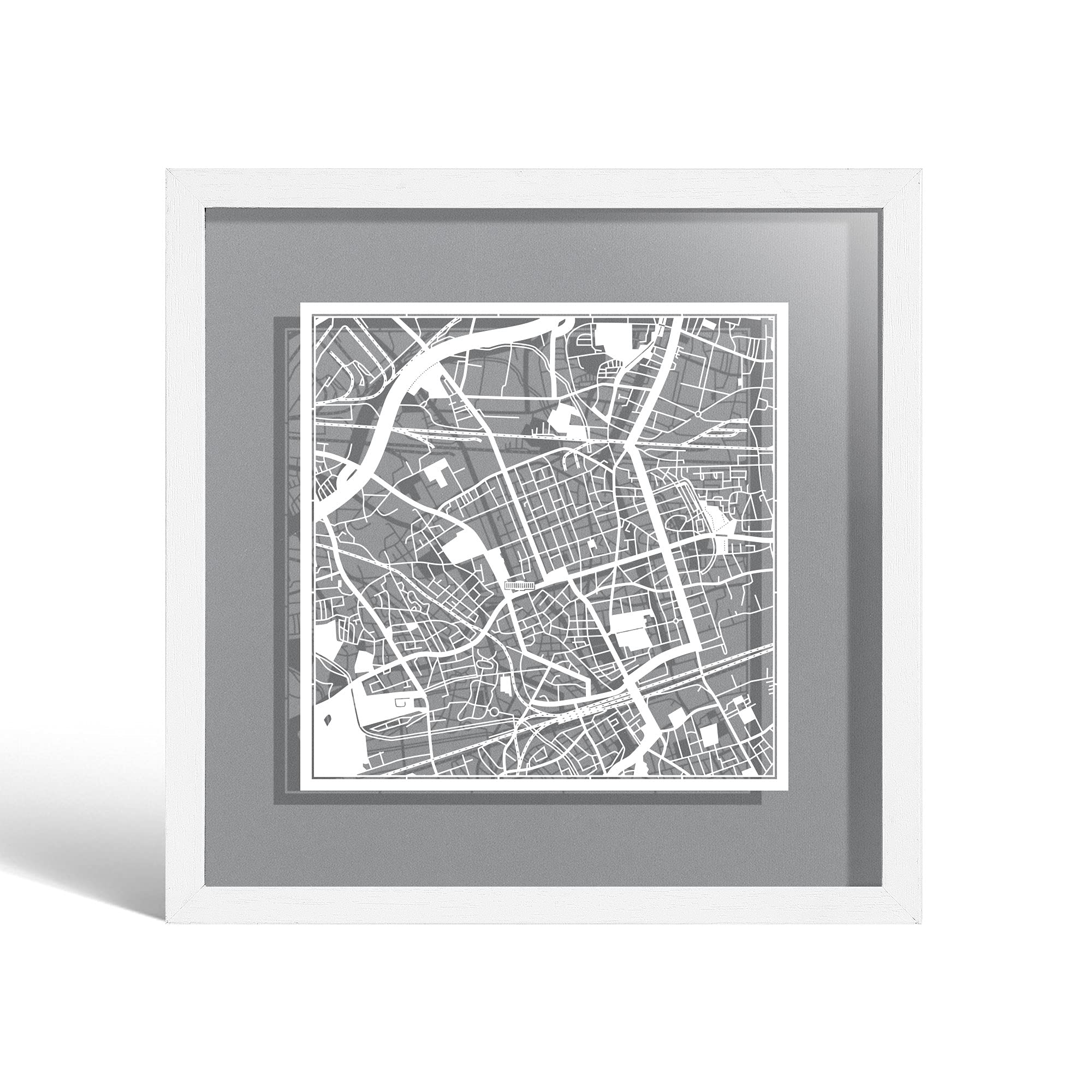 O3 DESIGN STUDIO Gelsenkirchen Paper Cut Map framed, White map, White frame, 23x23 cm, Gift Boxed, 4 background color, self-changing, Paper Art