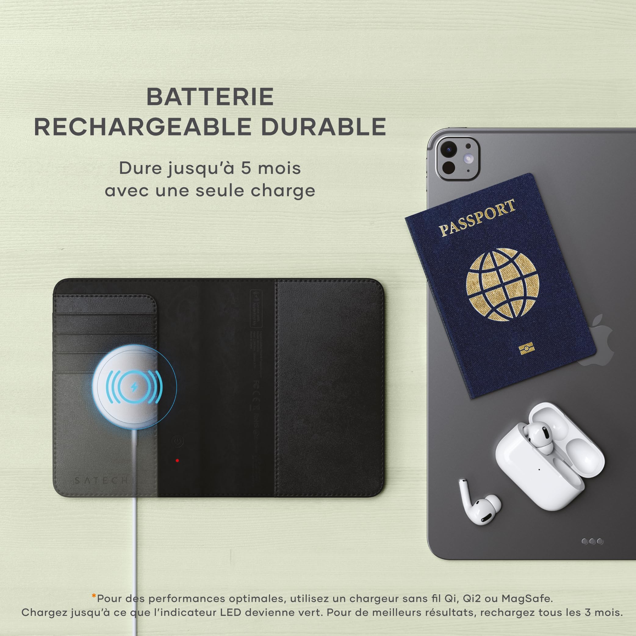 Satechi FindAll Protège-Passeport avec Apple Find My, Pochette avec 4 Fentes pour Cartes, Recharge sans Fil et Protection RFID, Accessoire de Voyage en Matériau Premium (PU) – Noir