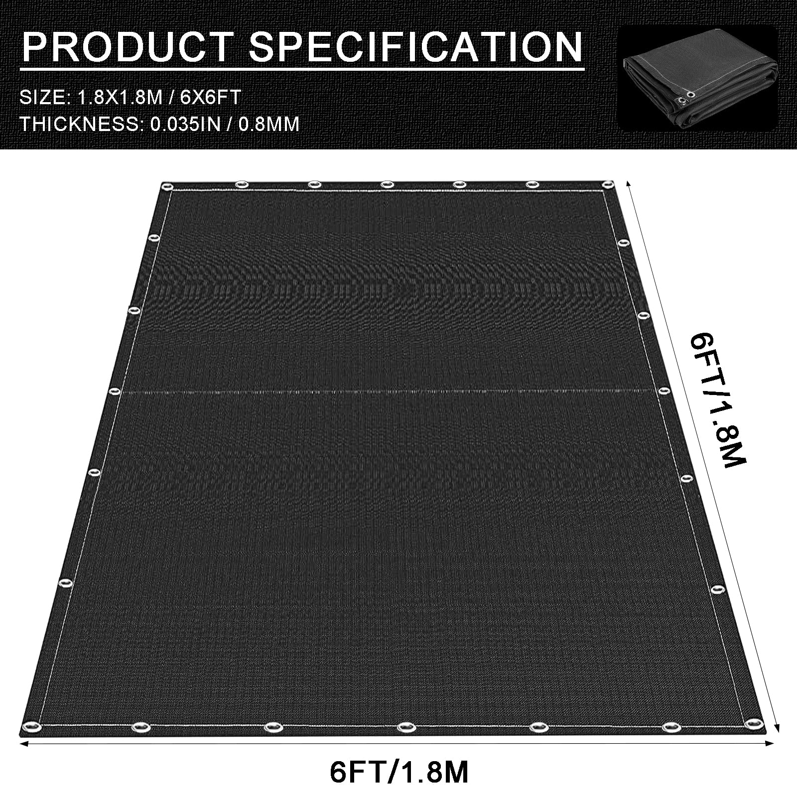 Manta de soldadura 6X6FT, 972GSM, negro, manta de soldadura resistente, manta de soldadura ignífuga, 1/3 "(8 mm) de grosor, soldadura grande resistente al calor
