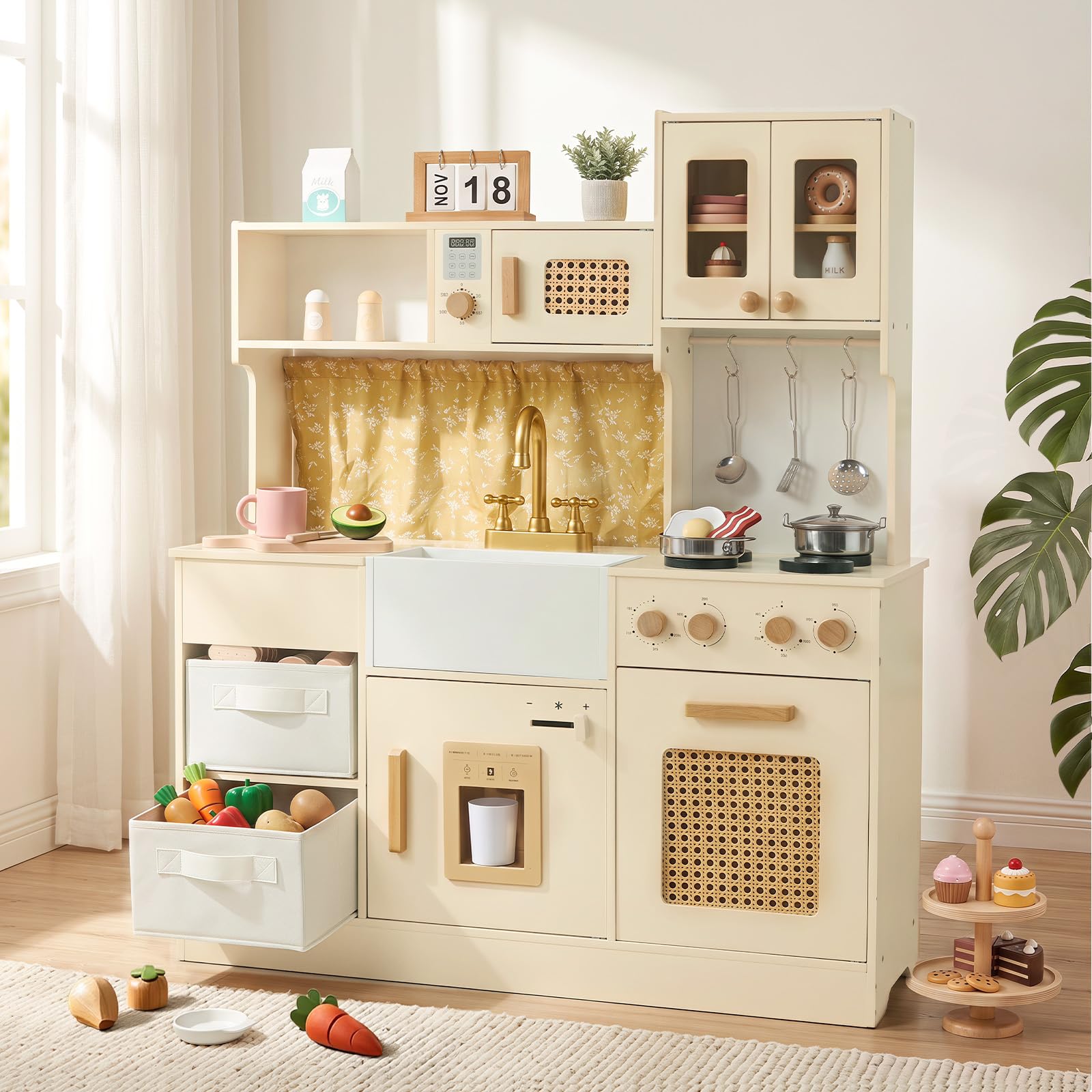 labebe Wooden Play Kitchen for Kids, Toy Kitchen Set with Ice Maker, Stove, Sink, 15 Accessories, Extra Storage with 2 Bins, Pretend Play for Boys & Girls Ages 3+