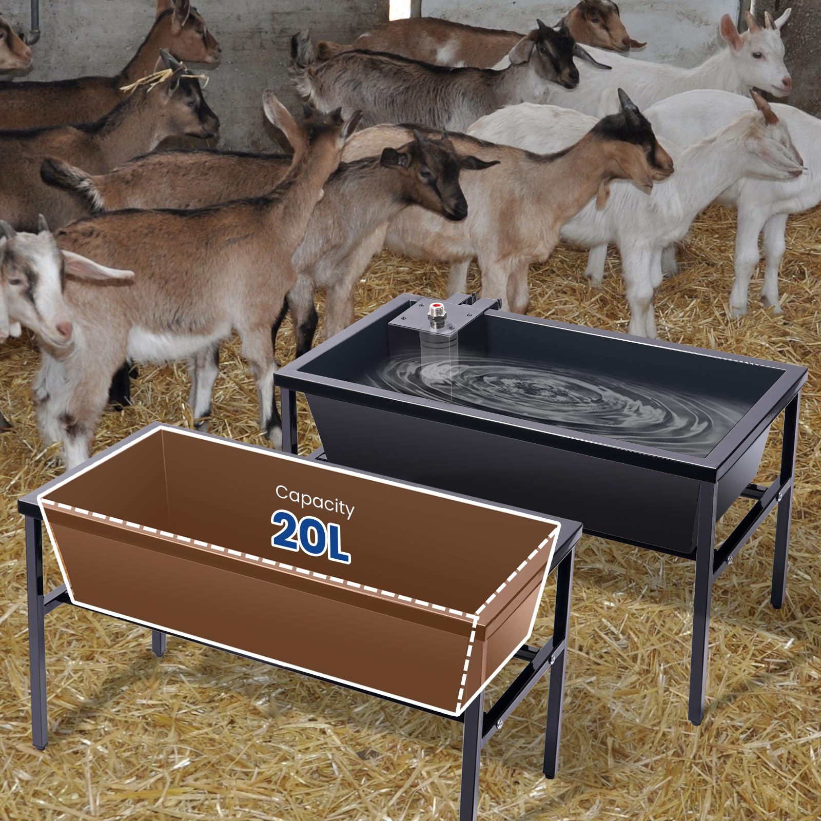 2 mangiatoie per bestiame e abbeveratoio con valvola a galleggiante auto-riempimento, in acciaio inox, mangiatoia per cavalli, grande capacità, abbeveratoio automatico per capre, pecore, cavalli