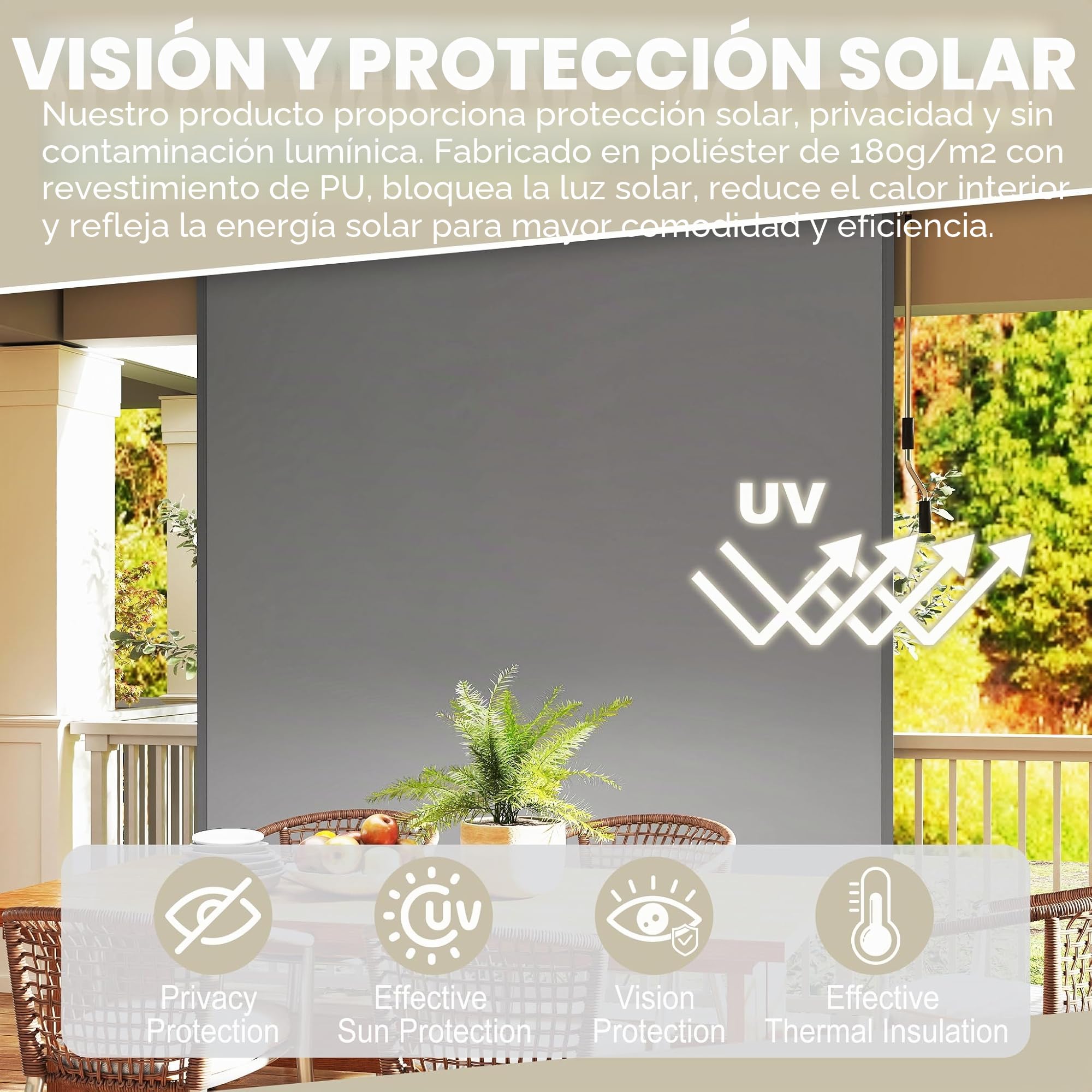FIVMEN Toldo vertical exterior de 160 x 250 cm, resistente a la intemperie, protección solar con manivela, estor de protección solar para balcón, 160 cm de ancho, protección visual para balcón