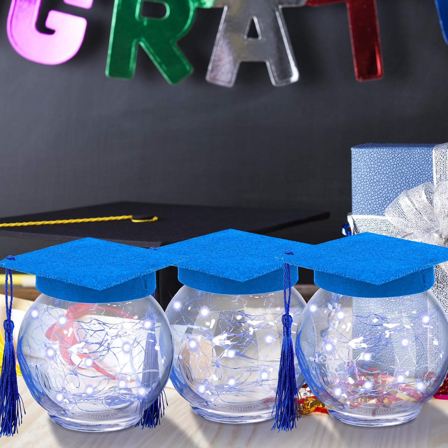 WILLBOND 8 Pack Graduation Table Centerpieces 2026 with LED Light up Graduation Cap Decorations for Class of 2026 Blue Mason Jar Graduations Gift for Tables College Masters Degree