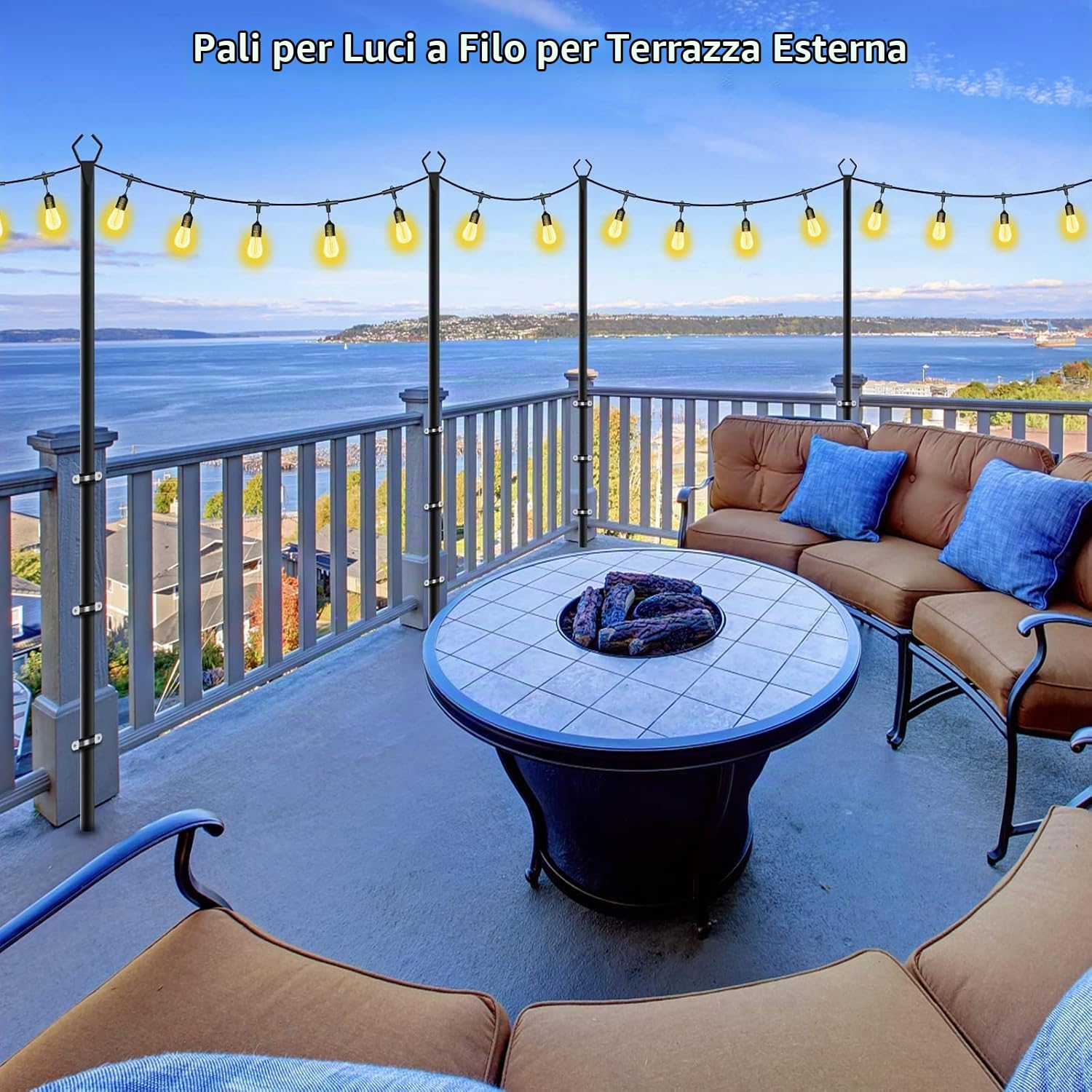 Pali di Supporto per Luci Esterno, 2 Pezzi 3M (10FT) per Ghirlande Luminose da Giardino, Pali in Metallo con Base a 5 Raggi, Antiruggine e Facile Installazione per Terrazzo, Feste e Decorazioni