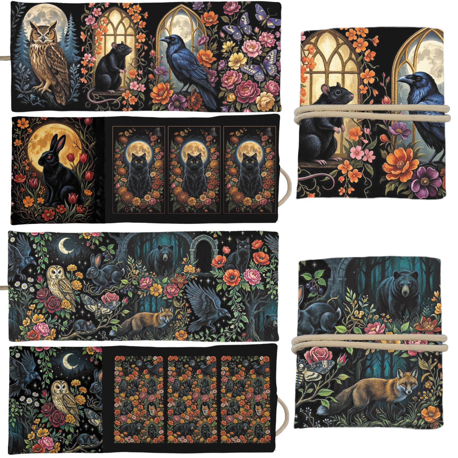 GLOBLELAND 2 Pcs Gothic Animals Flowers Tarot Card Bags Black Cat Owl Mouse Polyester Tarot Card Holder Storage Pouch for Playing Cards Supplies Beginner Divination Lover Gifts