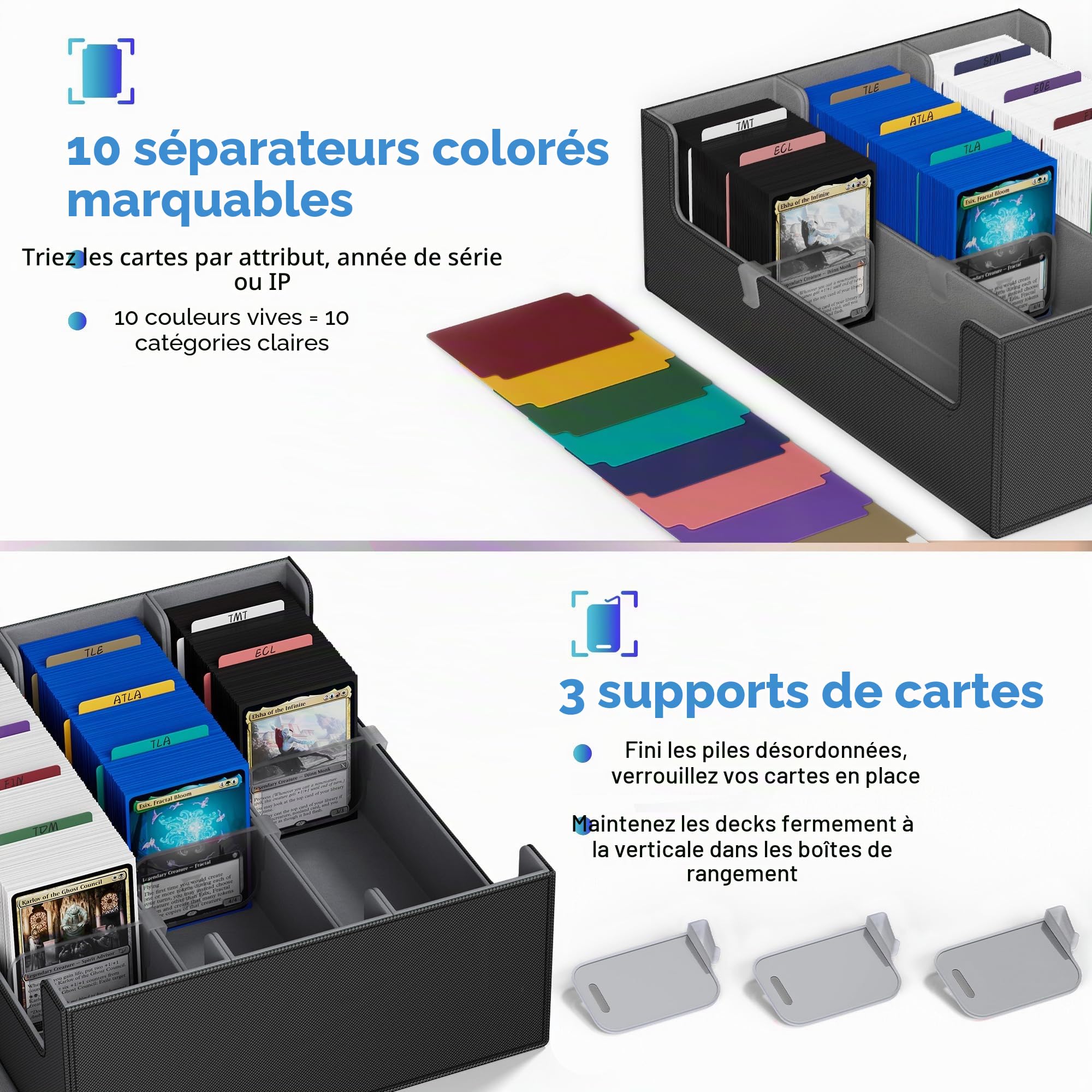UAONO Coffret de rangement pour cartes | 1800 cartes protégées, fermeture magnétique cuir PU, 10 séparateurs & 3 butoirs pour MTG, PTCG, YGO, sports(Noir)