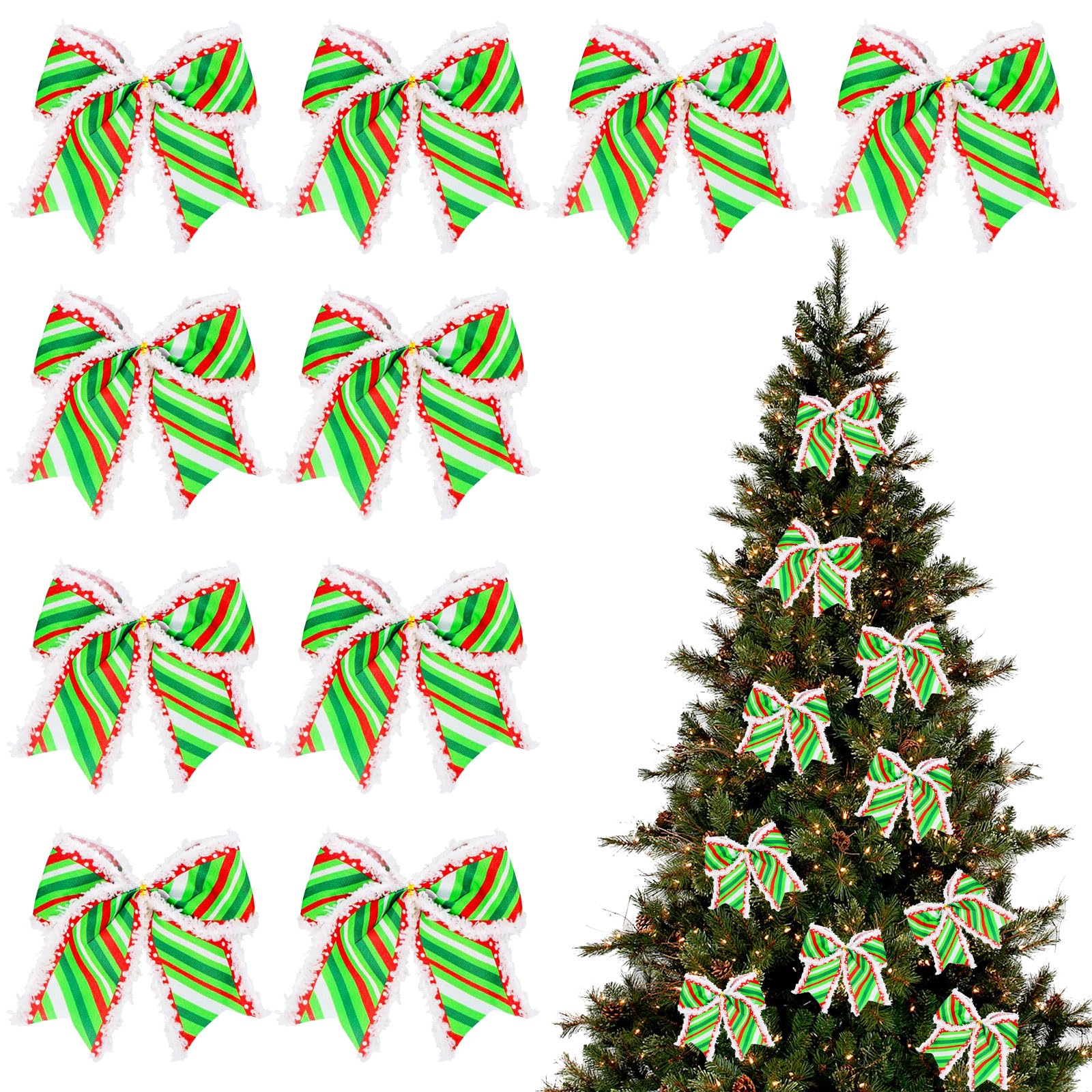 Fogcosy 10Pcs Red Green Christmas Tree Bows, Large Christmas Wreaths Stripe Bows, Vintage Velvet Ribbon Wreath Bow for Xmas Home Outdoor Indoor Decorations Holiday Party Gift Wrapping