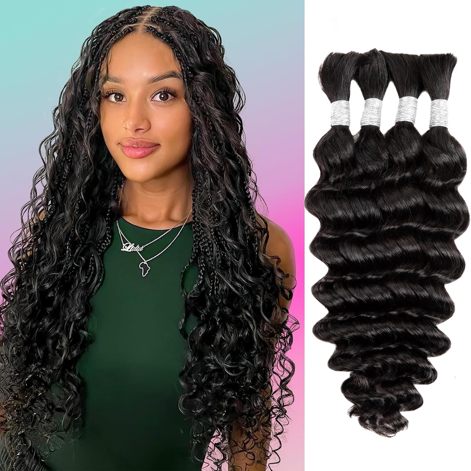 Human Braiding Hair for Boho Braids 14 inches Human Hair for Braiding No Weft Deep Wave Natural Black Color 4 Bundles/Pack (Total 100G)