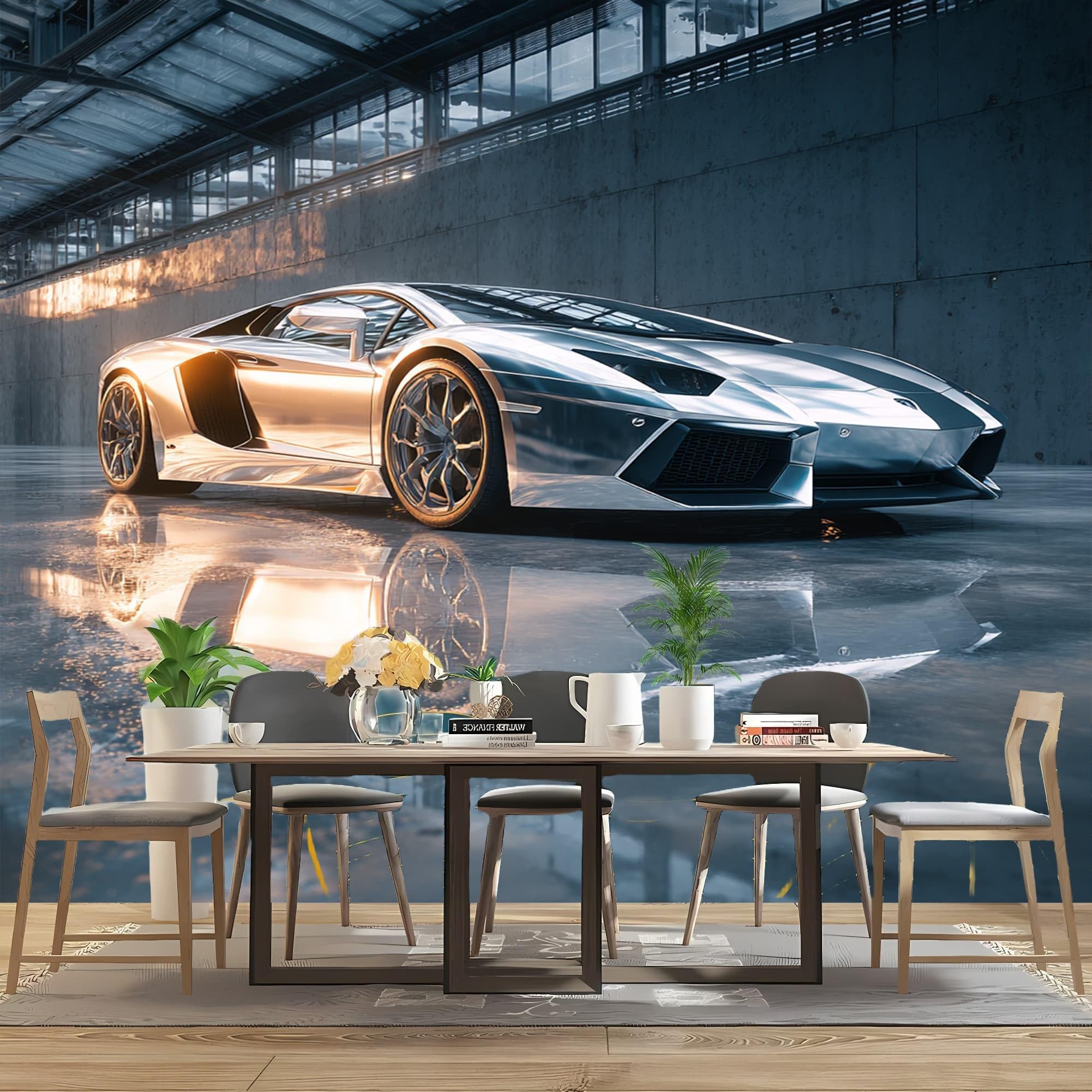 Papier Peint Intissé Mural Photo 350x256 cm Supercar Moderne Et Cool Panoramique Poster Fresque Murale Maison Bureau Restaurant Argent Intérieure Décoration Papier Peint