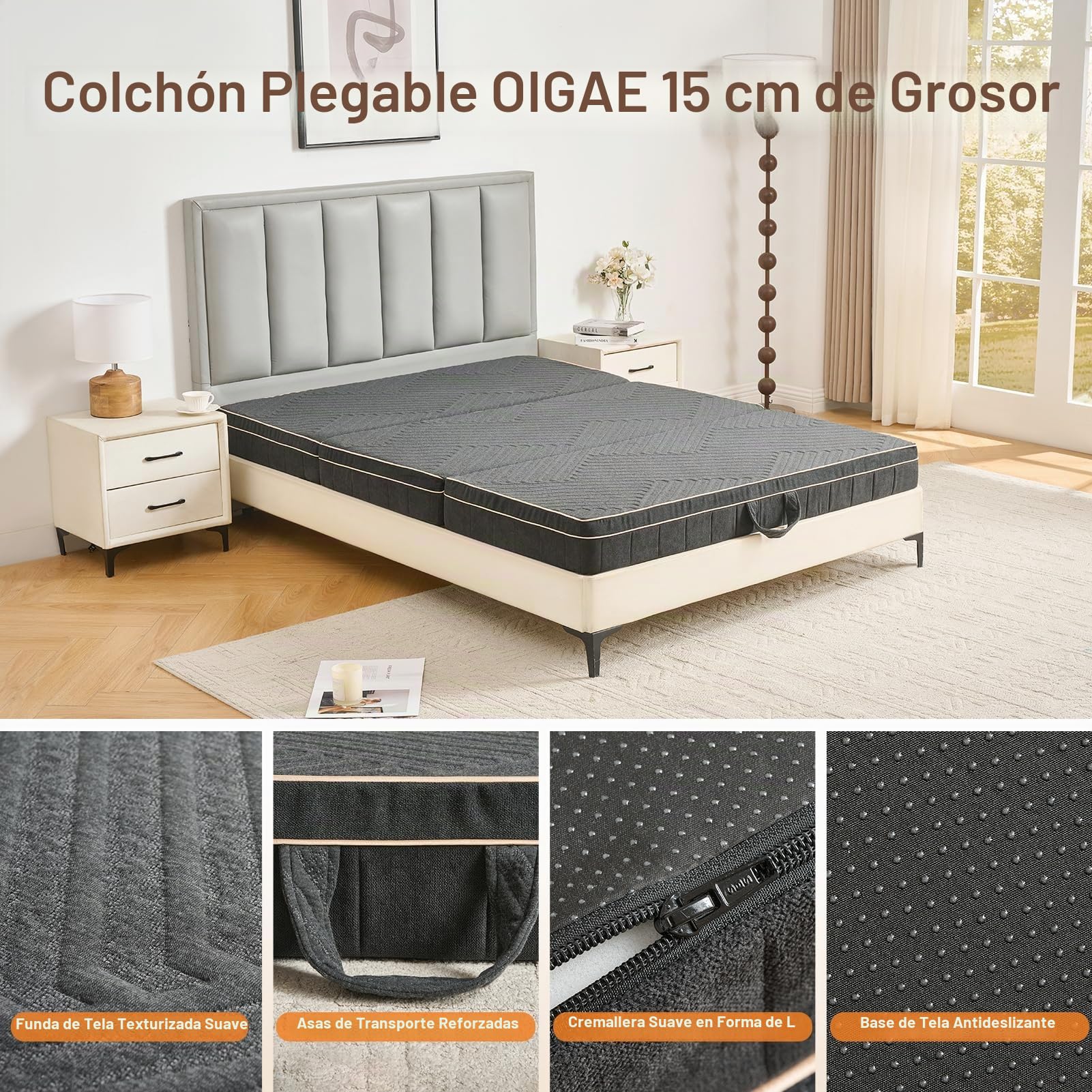 OIGAE Colchón Plegable 120x195x15cm, Colchoneta Plegable de Espuma Viscoelástica en Tres Partes, con Espuma de Tres Capas, para Hogar, Viajes y Acampada, Funda Lavable, Asas, Base Antideslizante