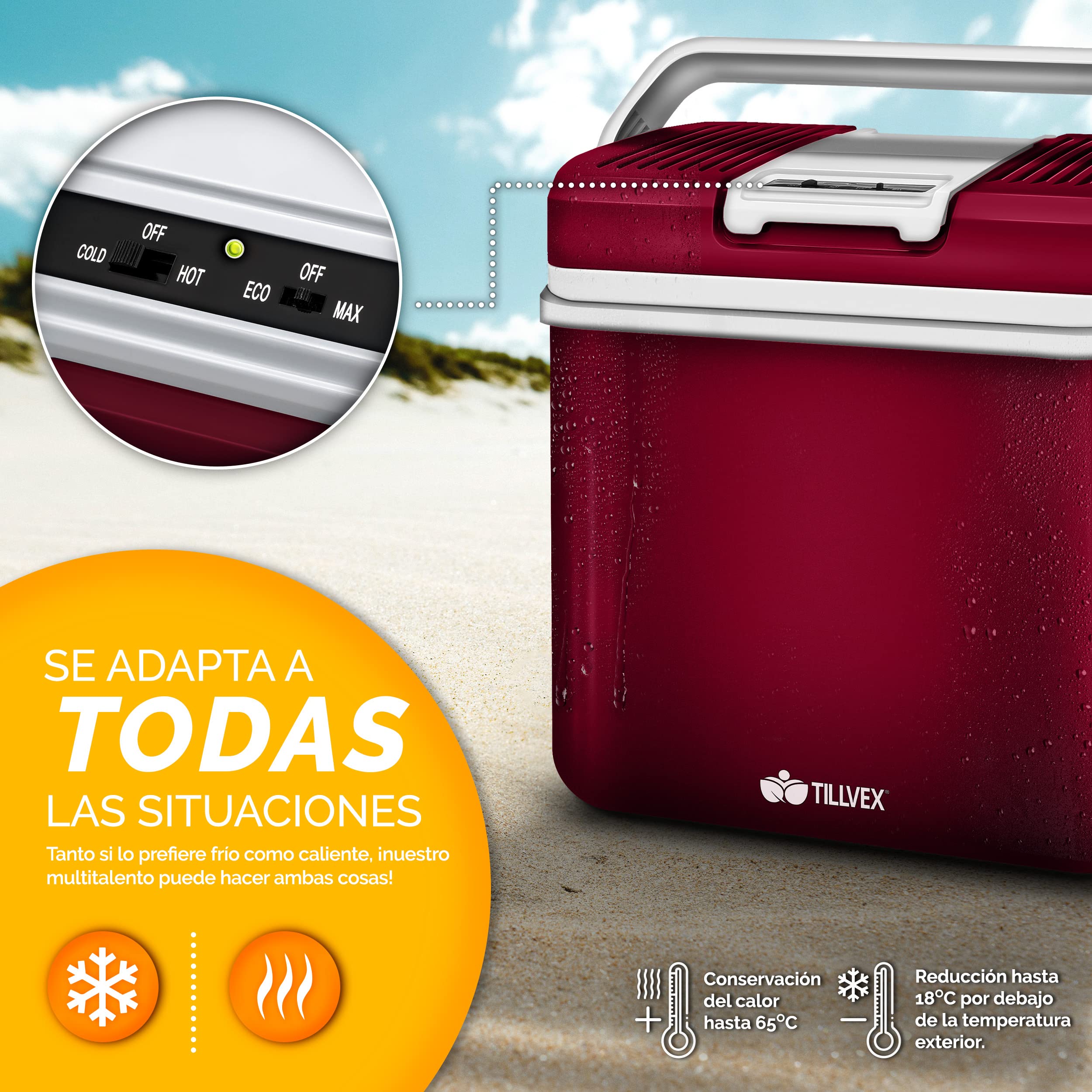 tillvex Nevera portátil eléctrica de 24 litros | Mini Nevera portátil de 230 V y 12 V para vehículos Coches Camping | Enfría y calienta | Modo ecológico