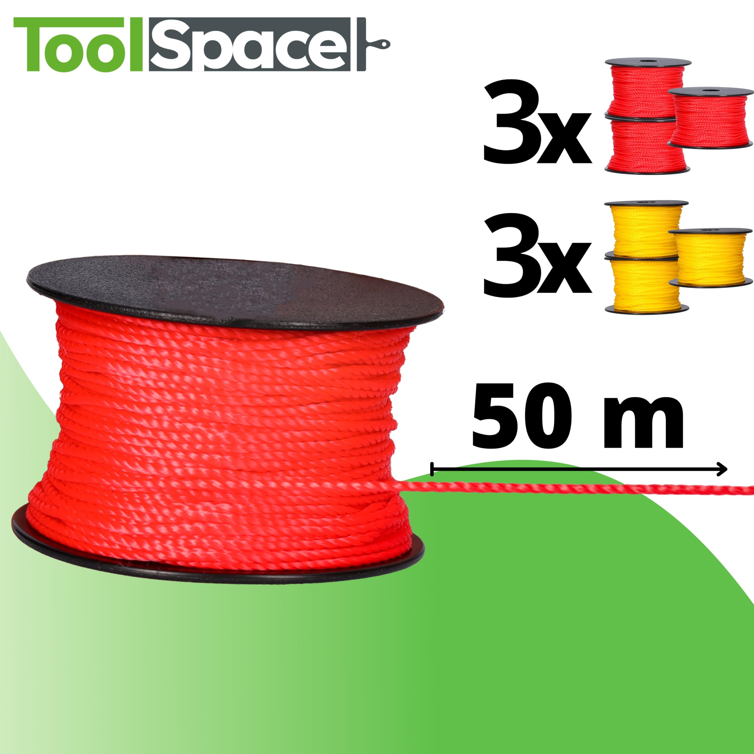 ToolSpace 6x Masonry rope, 50m x 1,6mm, 3X red, 3X yellow, polypropylene silk, levelling rope, plumb line - Image 2