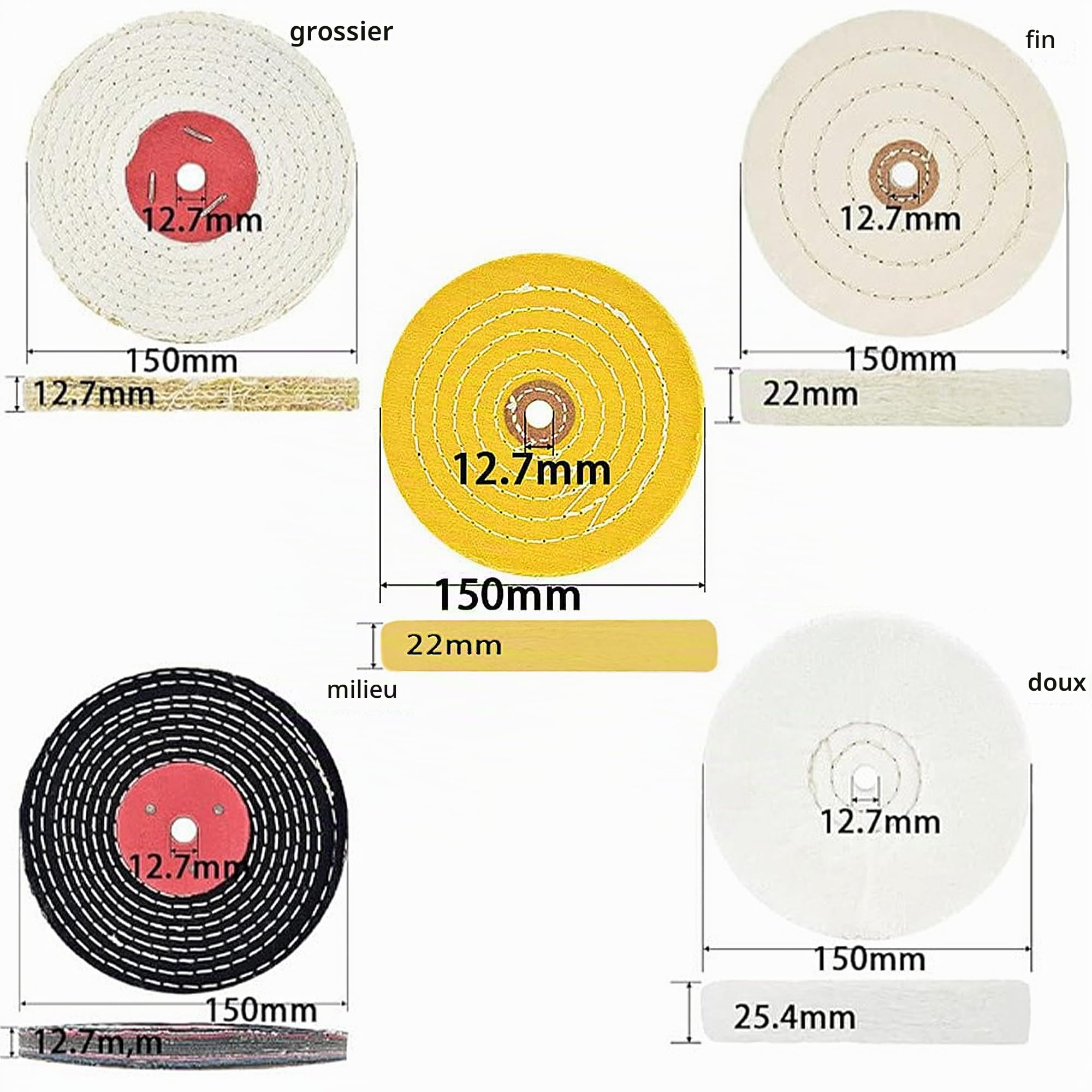 Lot de 5 disques de polissage de 150 mm avec trou de mandrin de 12,7 mm pour ponceuses, spirales, cousus, miroir, coton