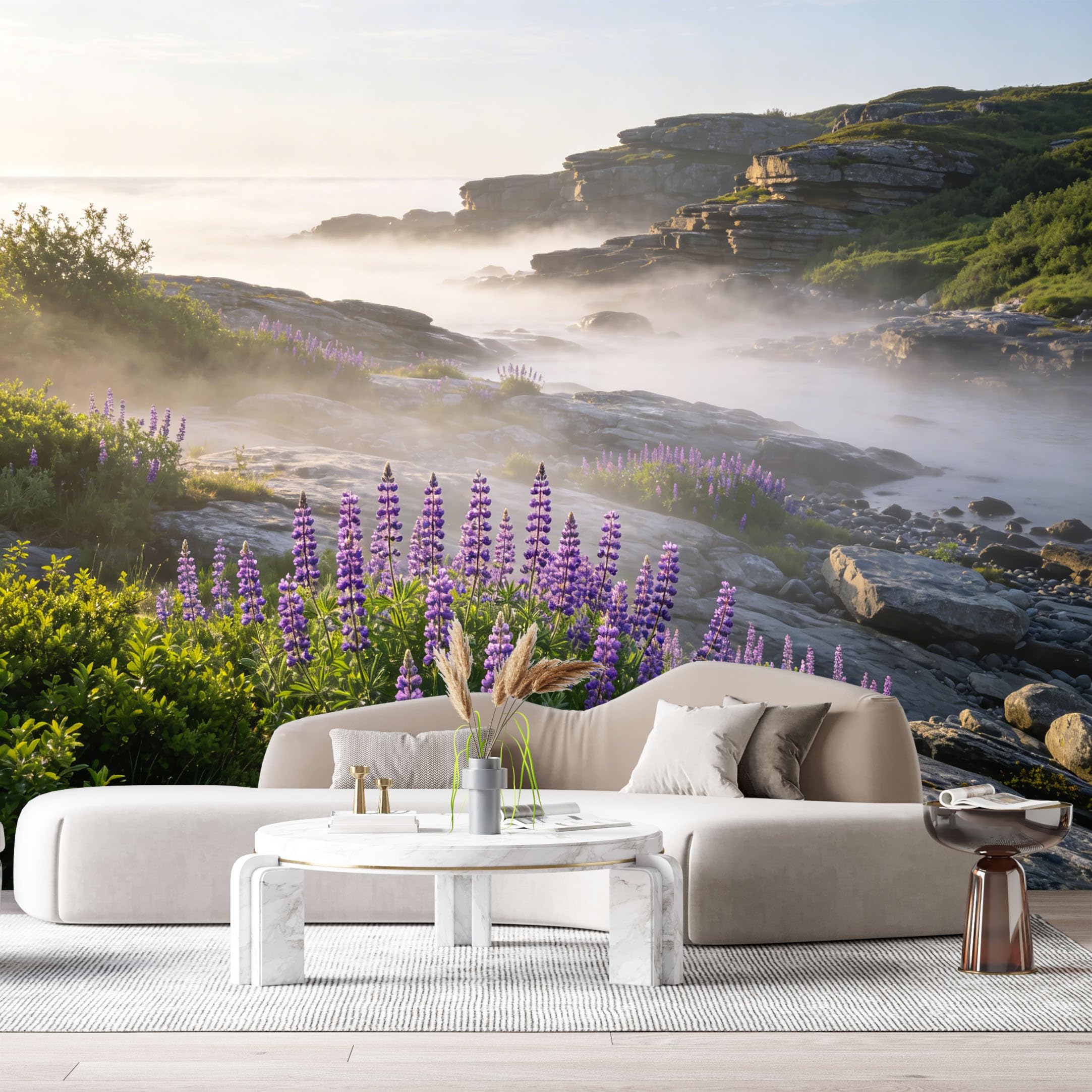Custom Size Wall Murals Coastal Landscape Botanical Purple Lupine Flowers Foggy Rocky Shoreline SelfAdhesive Wall Fabric Removable Large Wallpaper for Photo Living Room