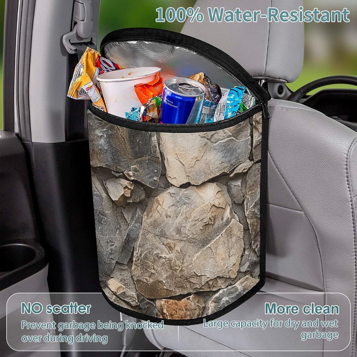 Realistic Stone Wall Car Trash Can with Lid Collapsible Hanging Vehicle Trash Bag Waterproof Car Garbage Bags