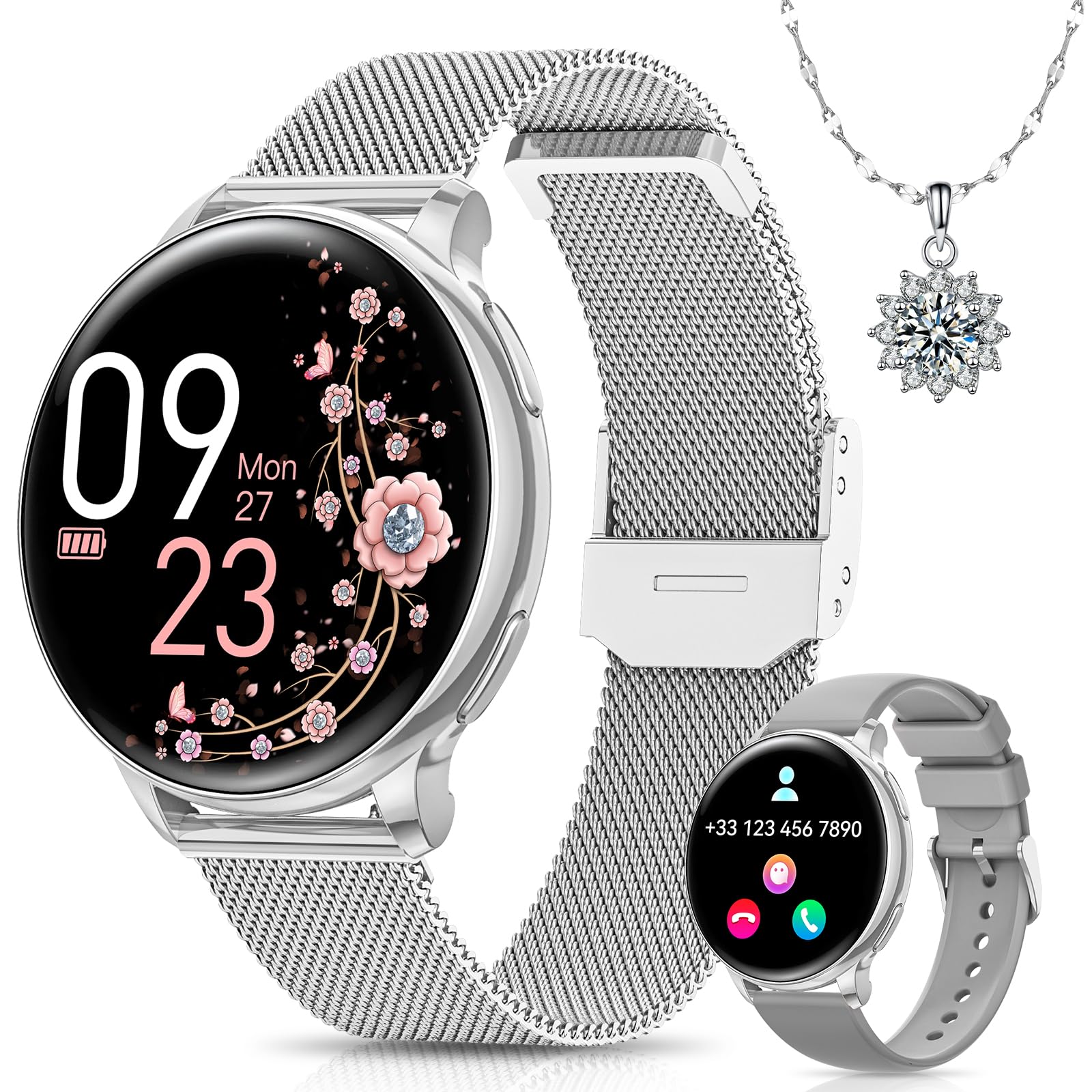 Smartwatch Donna, 1.27” Orologio Fitness con Chiamata Bluetooth, 110 Modalità Sportive, Ciclo Mestruale, Cardiofrequenzimetro SpO2, IP68 Impermeabile Smartwatch per Android iOS Argento