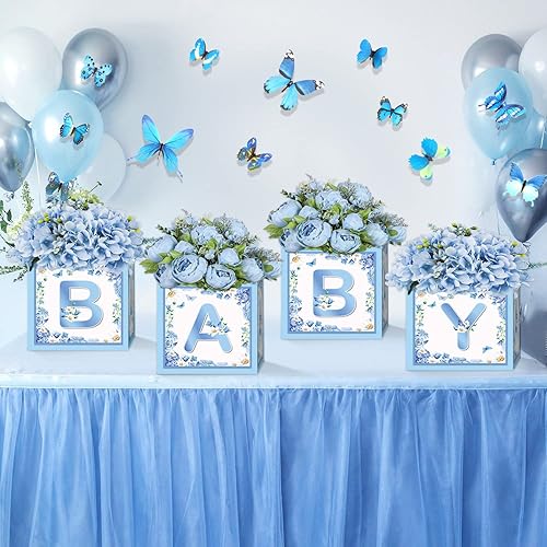 Miniatura 7 de GOGOPARTY Cajas decorativas azules para baby shower, 4 cajas de centro de mesa de baby shower, decoración de centro de mesa de primer cumpleaños