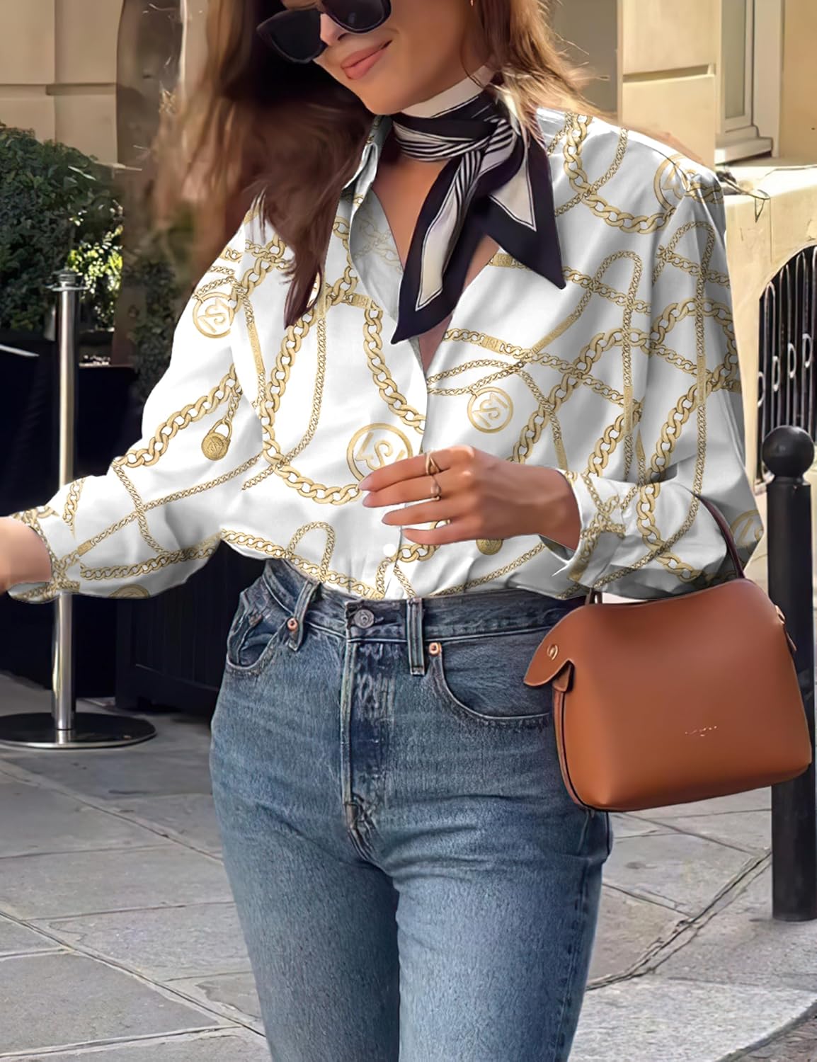 Sarin Mathews Button Down Shirts for Women Dressy Casual Long Sleeve Blouses Printed Collared Business Work Tops - Image 3