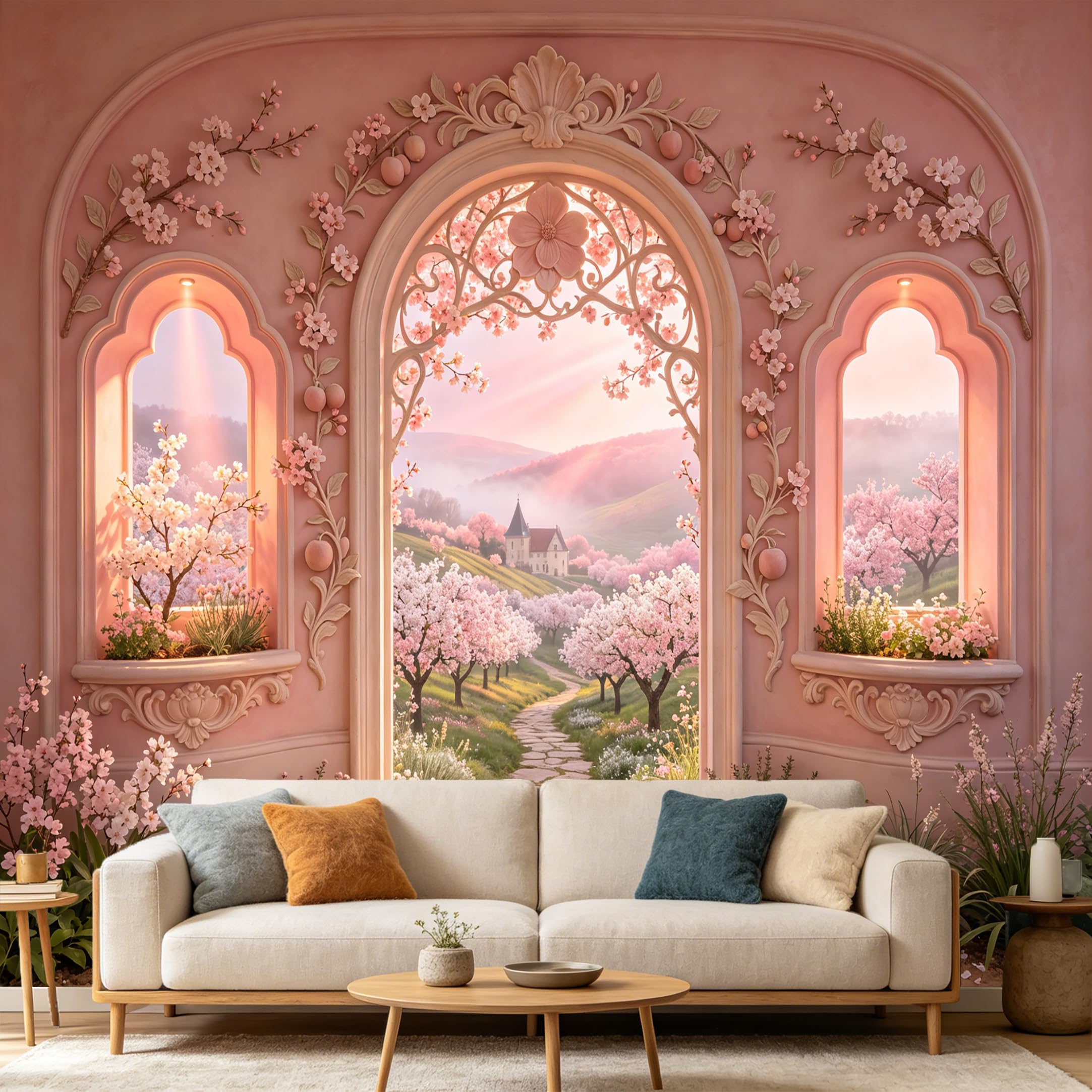 Custom Size Wall Mural， Pink Cherry Blossom Archway Landscape， Neoclassical Garden View， SelfAdhesive Art Prints wall Fabric Removable Large Wallpaper Home Living Room Decor