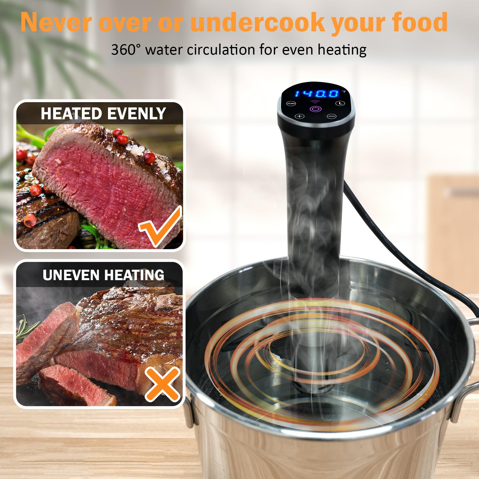 Cocina Sous Vide, máquina Sous Vide de 1100 W, circulador de inmersión, calentamiento rápido ultra silencioso con visualización táctil control preciso de temperatura y tiempo, IPX7 impermeable (Sous