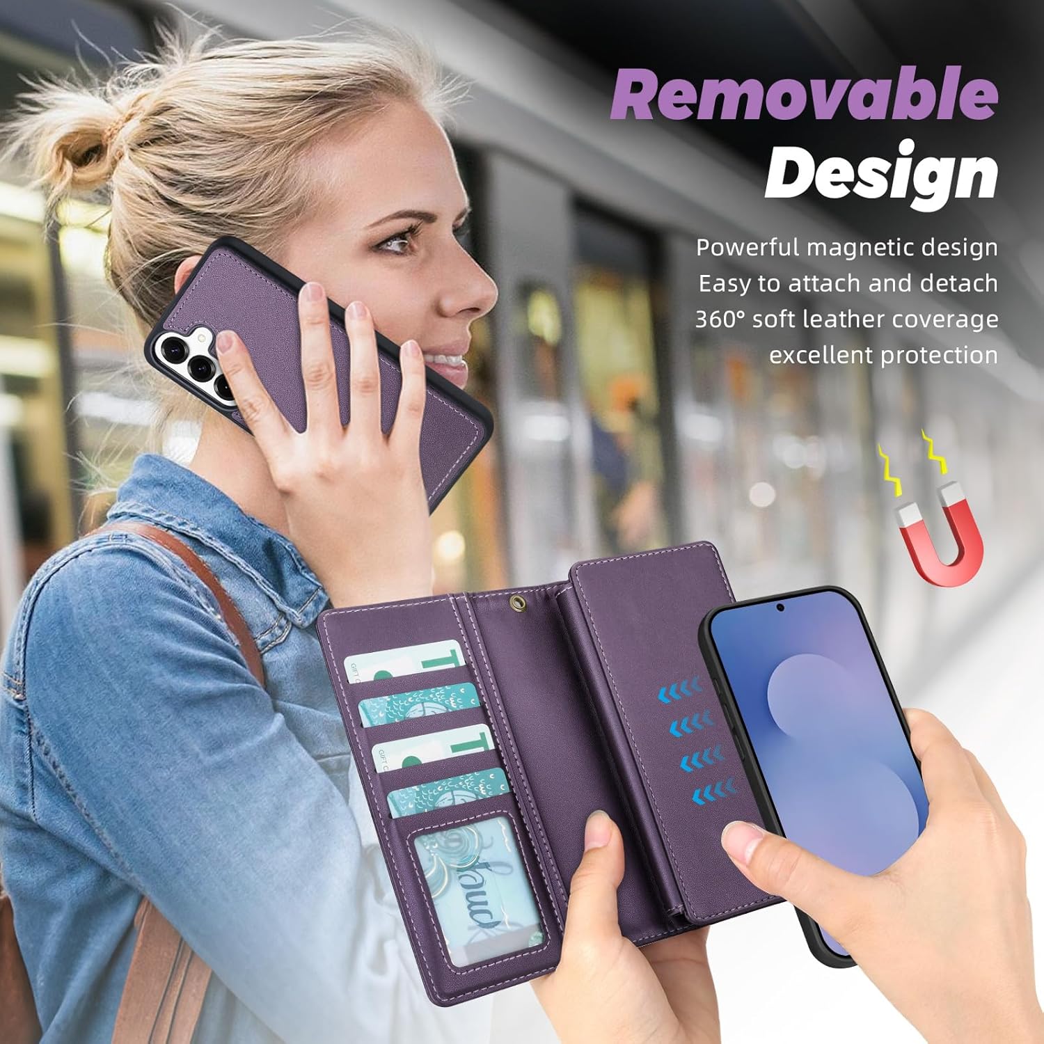 TwoHead Wallet Case Compatible with Samsung Galaxy S25 FE,Detachable Magnetic Phone Case,PU Leather All-Round Protective Cover Wallet,with Card Holder/Change Pocket(6.7 in,Deep Purple)